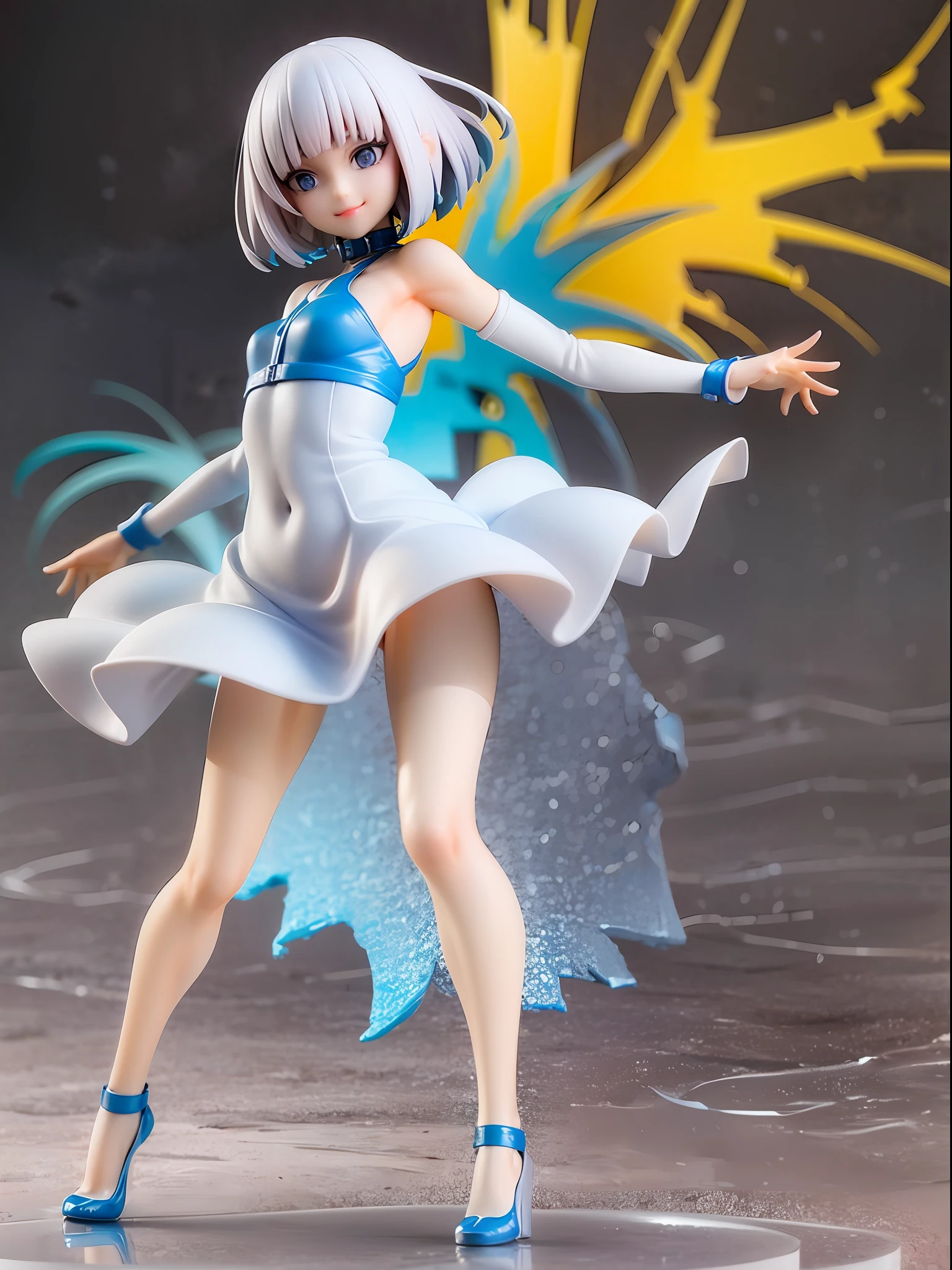 white dress, scattered vibrant hues like an artist's palette, short hair, bob cut, white hair, natural pose, full body, background resonating a burst of pigments, beautiful eye, closed mouth, evil smile, female protagonist, young girl, deep purple or deep-sea blue eyes, white one-piece dress, light-themed, mischievous expression, explosion of colors, splashes of colorful paint,