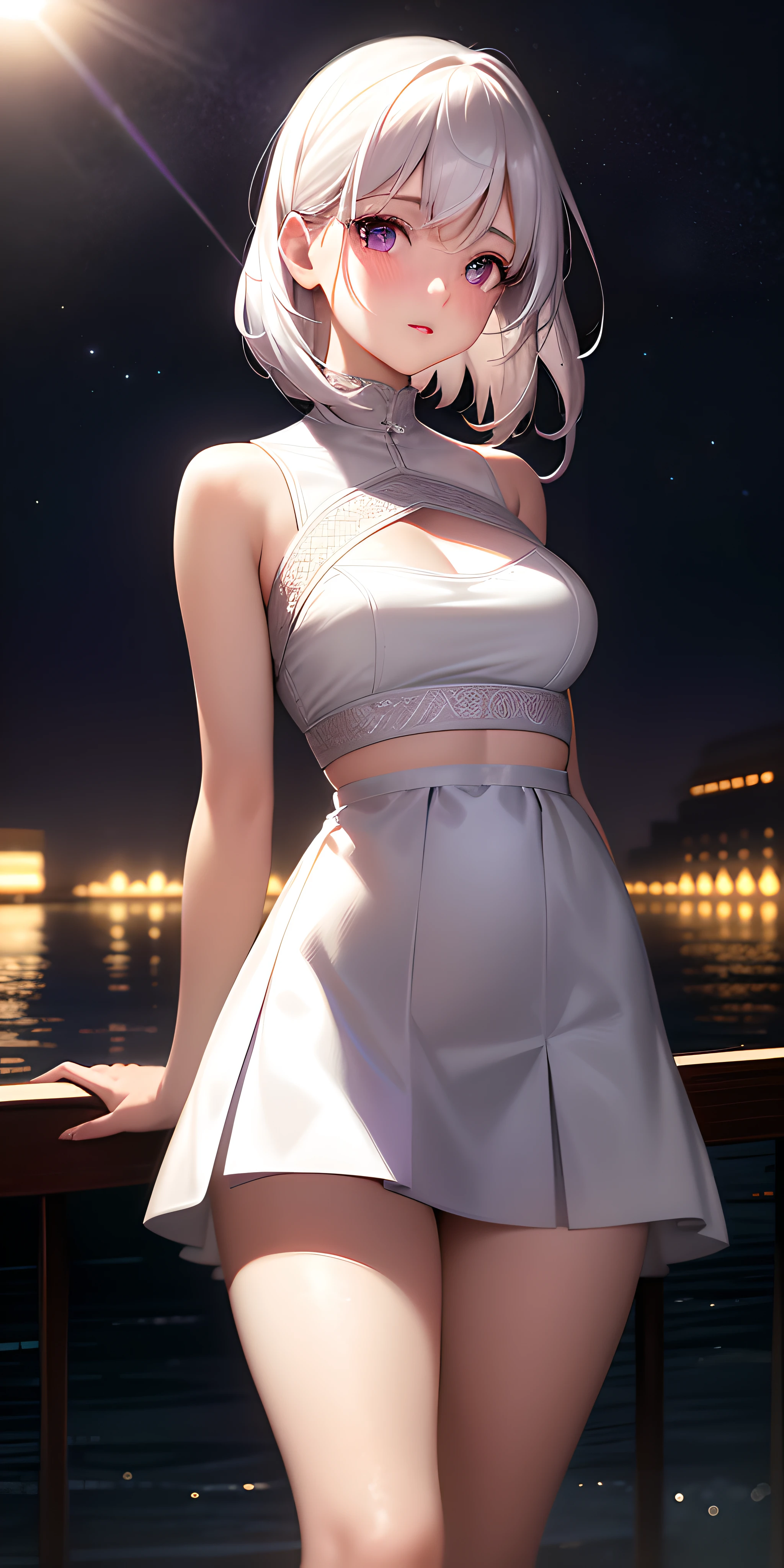 Realistic, 1girl, white hair, purple eyes, glowing eyes, cropped top, skirt, parted lips, blush, night, flowers, sun, sunlight, white skirt, short skirt, medium length hair, real, warm colors, white short Dress, white clothes, light background color, day environment, bright color background, saudi, ocean, cute,