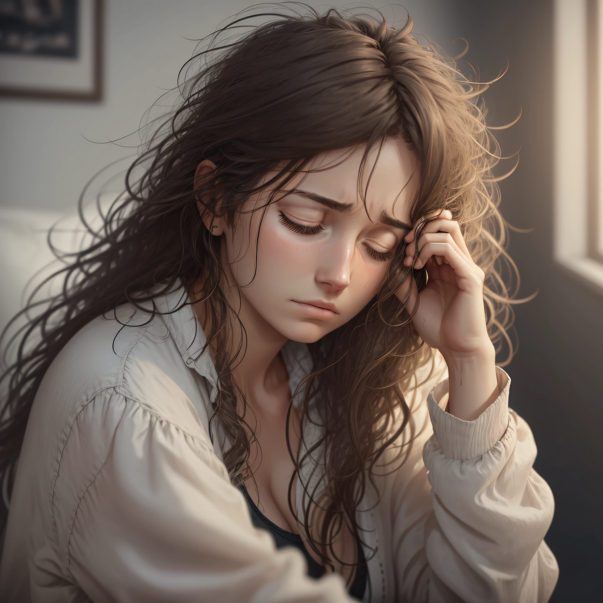 tired woman, with hands in hair, messy hair, sleepy look, tired look, hd, realistic, 8k --auto --s2