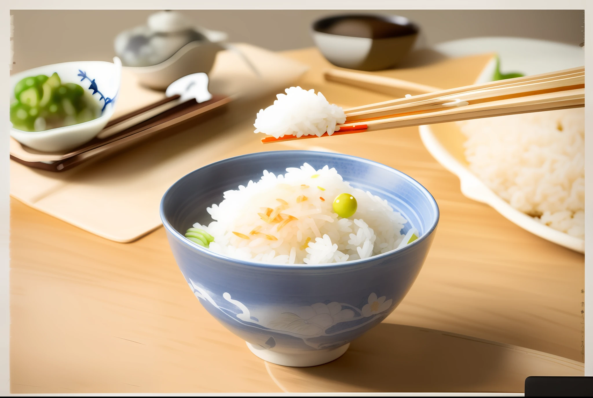 there is a bowl of rice and chopsticks on a table, rice, japanese, japanese collection product, けもの, asao urata, style of shuzo oshimi, sasai ukon masanao, inspired by Inshō Dōmoto, balls of rice, 王琛