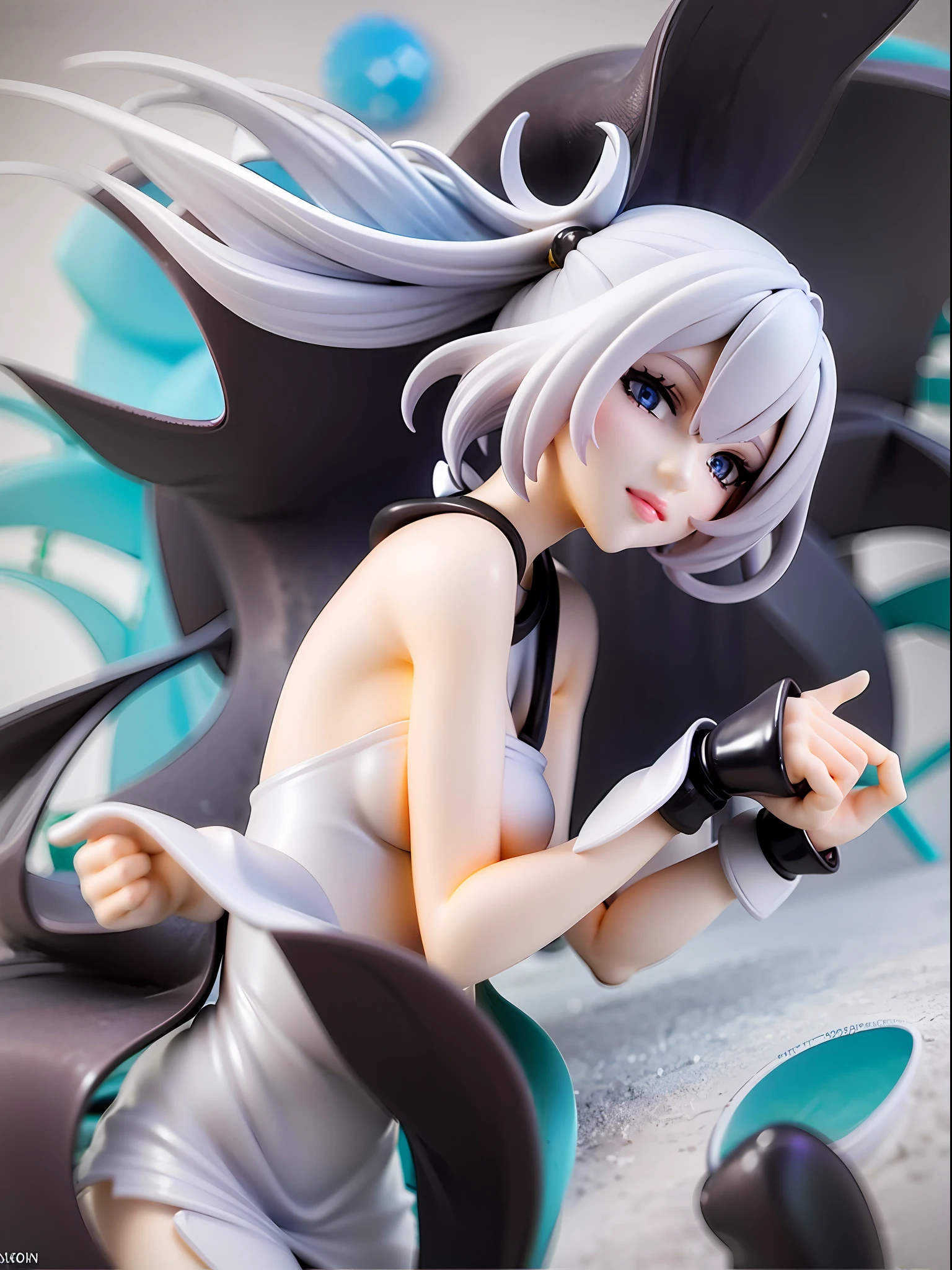 white dress, scattered vibrant hues like an artist's palette, short hair, bob cut, white hair, natural pose, full body, background resonating a burst of pigments, beautiful eye, closed mouth, evil smile, female protagonist, young girl, deep purple or deep-sea blue eyes, white one-piece dress, light-themed, mischievous expression, explosion of colors, splashes of colorful paint,