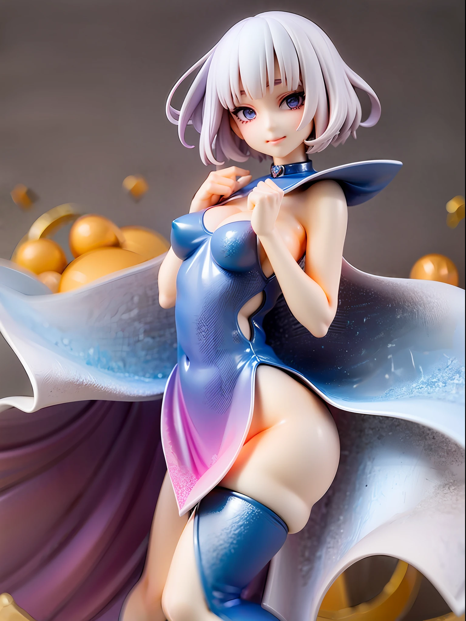 white dress, scattered vibrant hues like an artist's palette, short hair, bob cut, white hair, natural pose, full body, background resonating a burst of pigments, beautiful eye, closed mouth, evil smile, female protagonist, young girl, deep purple or deep-sea blue eyes, white one-piece dress, light-themed, mischievous expression, explosion of colors, splashes of colorful paint,