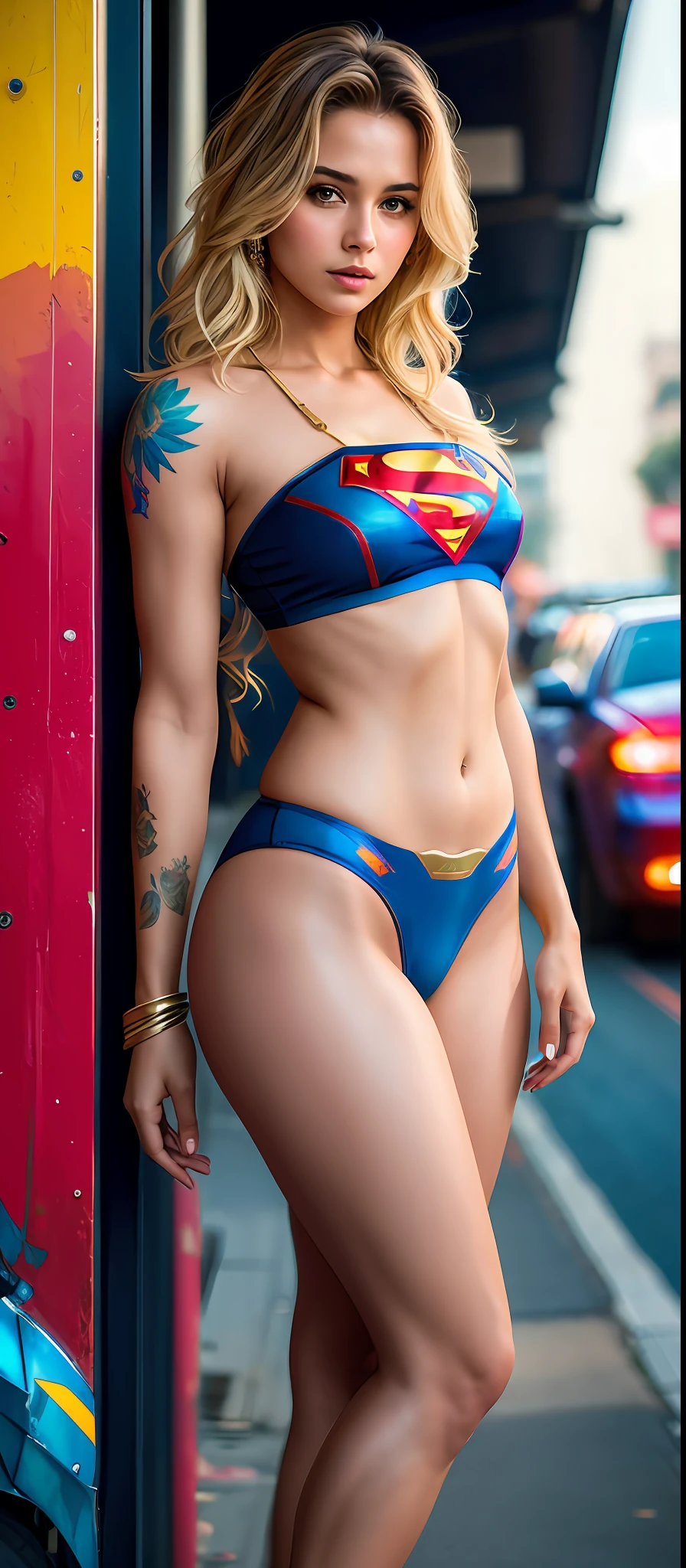 High waist potrait, Tattoos woman, heavy chest, no clothes, art by Mandy Disher, 8k digital art, art by gray cameron, sinful Indian supergirl in a café, standing on a street curb, in delhi Stunning Indian Supergirl girl, fantastic face, beautiful look, blonde hair, detailed, ultra focus, illuminated face, detailed face, 8k resolution, watercolor, razumov style. art by Razumov and Volegov, art by Carne Griffiths and Wadim Kashin rutkowski repin art station hyperrealism painting concept art of detailed character, 4k resolution blade runner, with S of superman in the panties or chest. blonde.