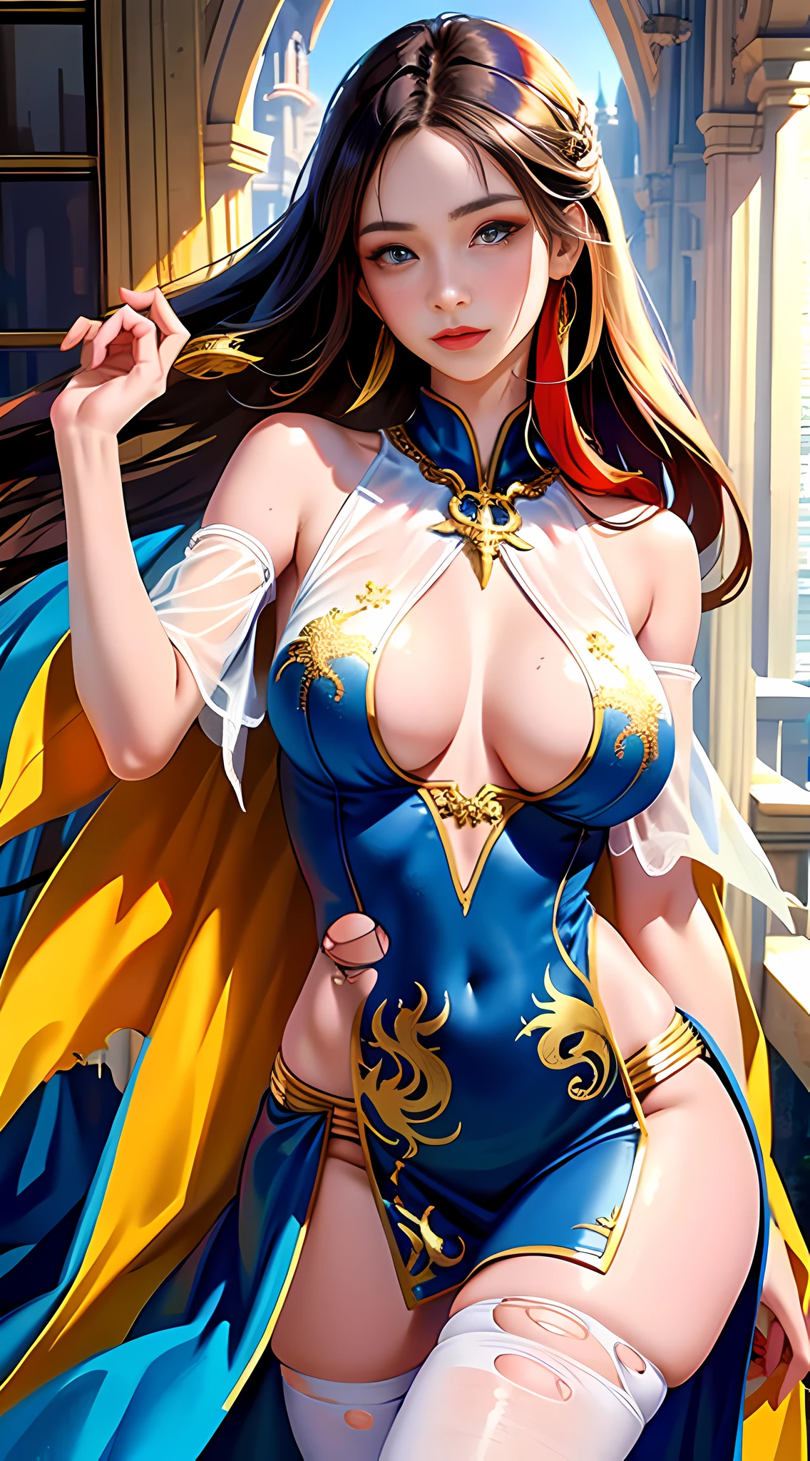 daughter (masterpiece:1.4), (8k, realistic, raw photos, best quality: 1.4), japanese, (1 girl), beautiful face, (realistic face:1.4), (caramel hair, long hair:1.3), beautiful hairstyle, realistic blue eyes, beautiful detailed eyes, (realistic skin:1.3), beautiful skin, attractive, super high resolution, super realistic, highly detailed, golden ratio, (detailed face: 1.4), looking at the audience, white shirt, medium breasts, standing, Hand stroke on chest, sheer shirt, (torn clothes:1.5), (no underwear: 1.4), perky_nipples, short jeans, shorts, cute smile, red lips, (golden ratio fingers: 1.5), (illustration background, CGI, movie, futuristic, mountain, snow, thick thighs, robust, gothic, gold trim, cthulhu, octopus, official art, cape,,robe)