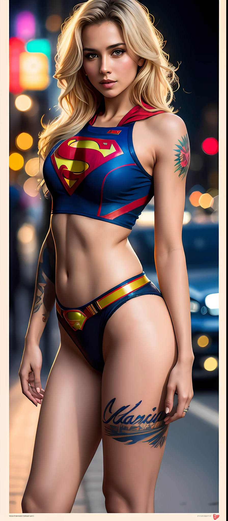 High waist potrait, Tattoos woman, heavy chest, no clothes, art by Mandy Disher, 8k digital art, art by gray cameron, sinful Indian supergirl in a café, standing on a street curb, in delhi Stunning Indian Supergirl girl, fantastic face, beautiful look, blonde hair, detailed, ultra focus, illuminated face, detailed face, 8k resolution, watercolor, razumov style. art by Razumov and Volegov, art by Carne Griffiths and Wadim Kashin rutkowski repin art station hyperrealism painting concept art of detailed character, 4k resolution blade runner, with S of superman in the panties or chest. blonde.