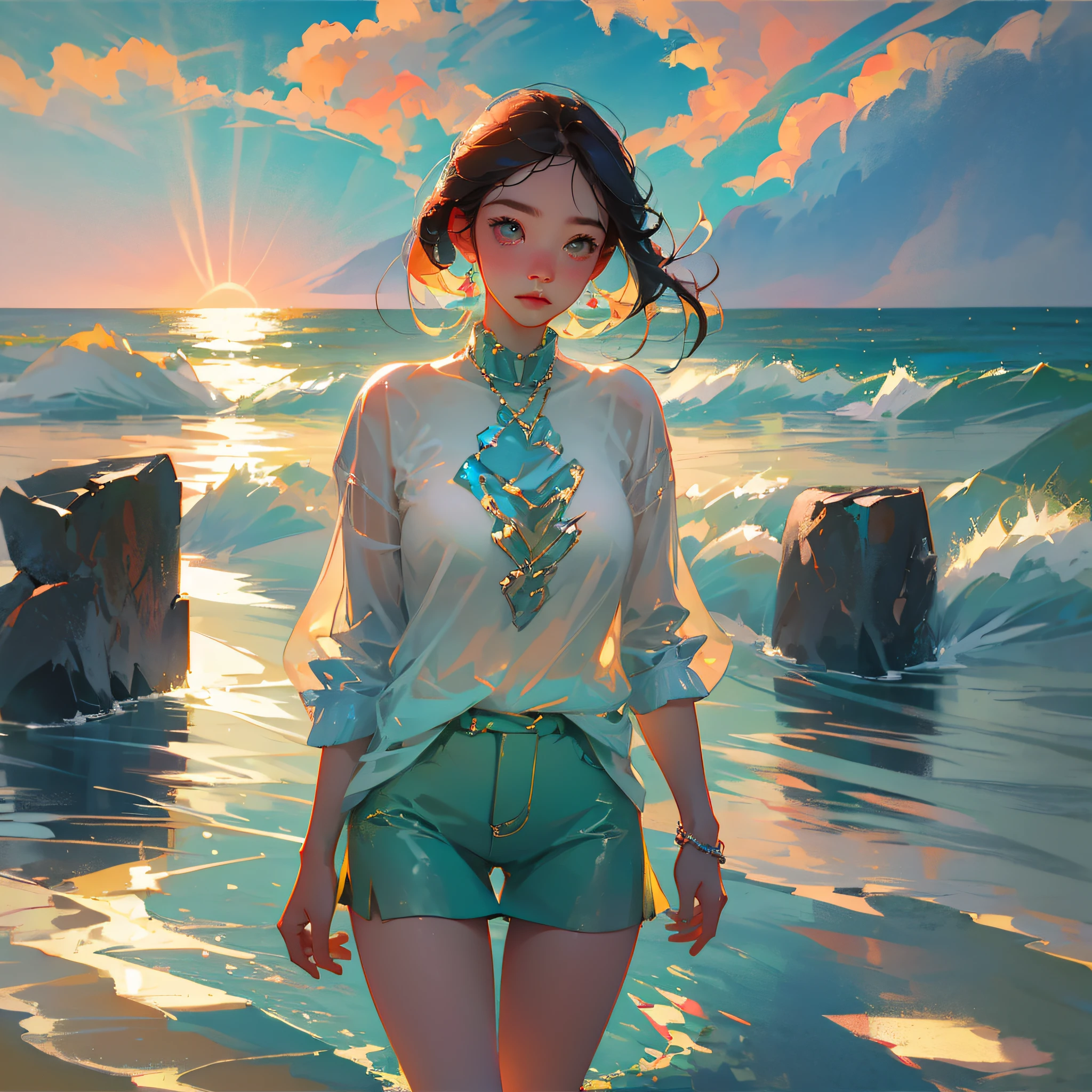 Seaside scenery, girl in soft shirt, gentle and natural, coming from afar. --auto --s2