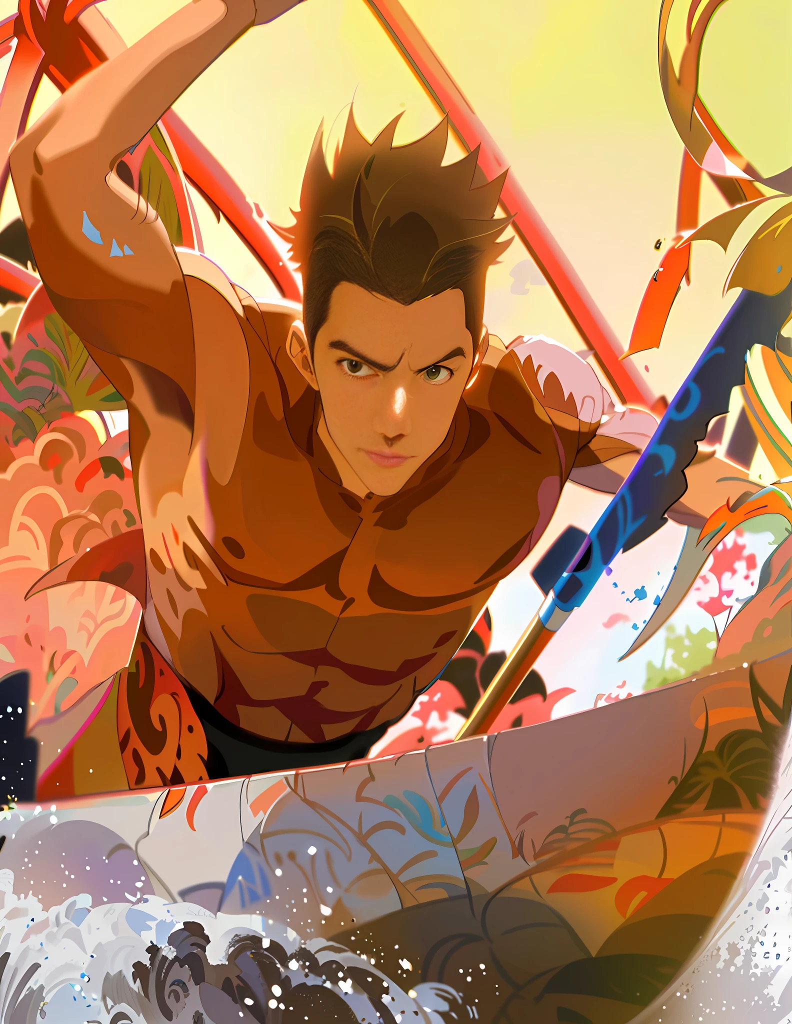 Sunset, shirtless, clear muscles, clear light and shadow, Makoto Shinkai Cyril Rolando, Makoto Shinkai. Digital rendering, Rob Rey and Kennaro Miura style, Sun-Hyuk Kim, inspired by RHADS, concept art |