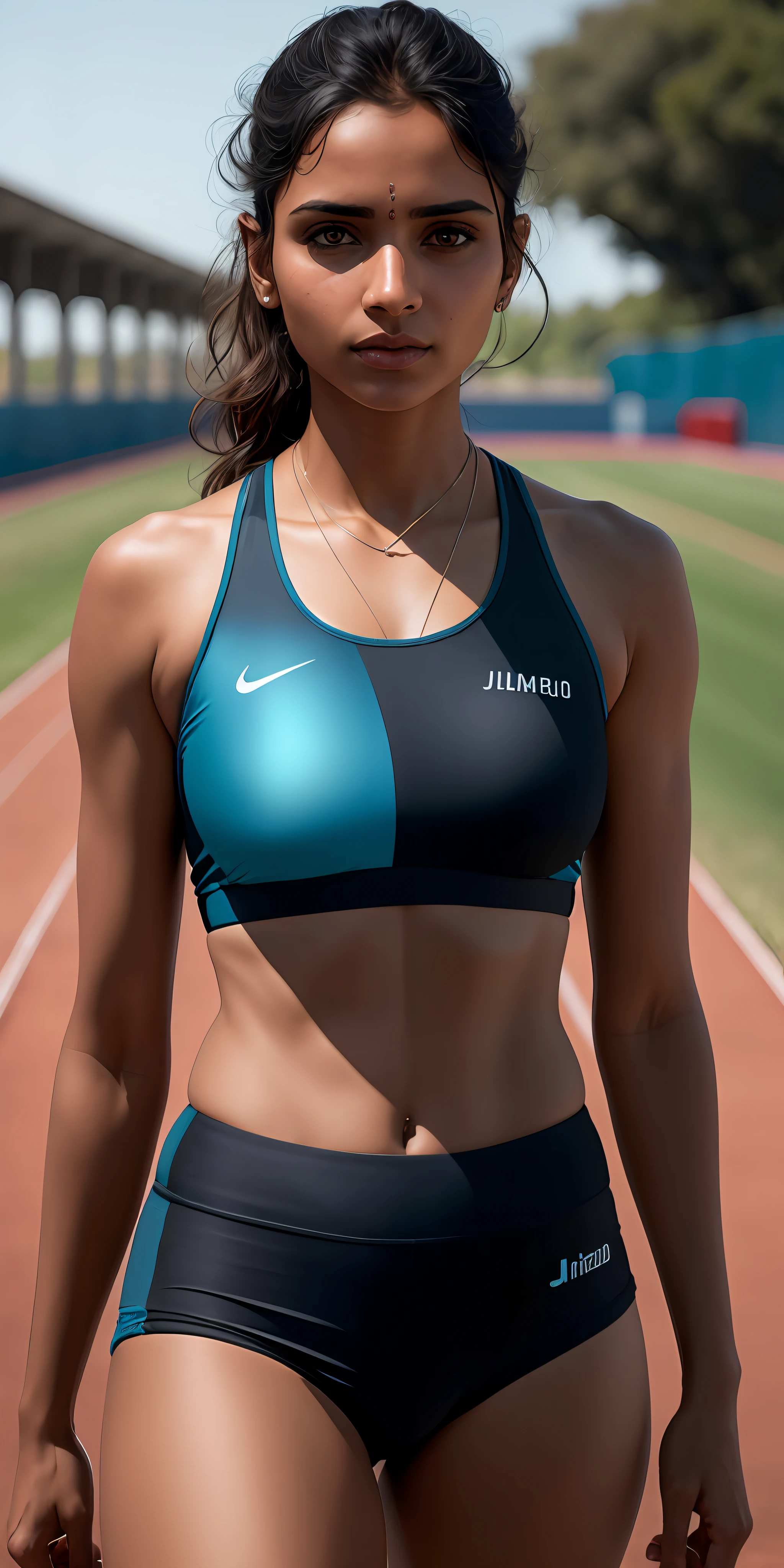 beautiful mature Indian college girl, in track outfit, outside on track field, ((slim, petite)), photorealistic, photo, masterpiece, realistic, realism, photorealism, high contrast, photorealistic digital art trending on Artstation 8k HD high definition detailed realistic, detailed, skin texture, hyper detailed, realistic skin texture, armature, best quality, ultra high res, (photorealistic:1.4),, high resolution, detailed, raw photo, sharp re, by lee jeffries nikon d850 film stock photograph 4 kodak portra 400 camera f1.6 lens rich colors hyper realistic lifelike texture dramatic lighting unrealengine trending on artstation cinestill 800,