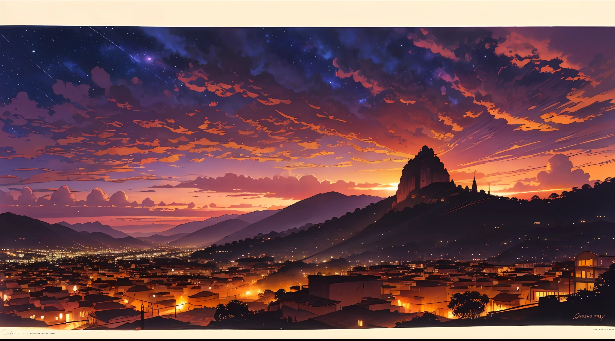 sunset in the city of minas Gerais; sky with reddish clouds;Art by James Gurney,night vision --auto --s2