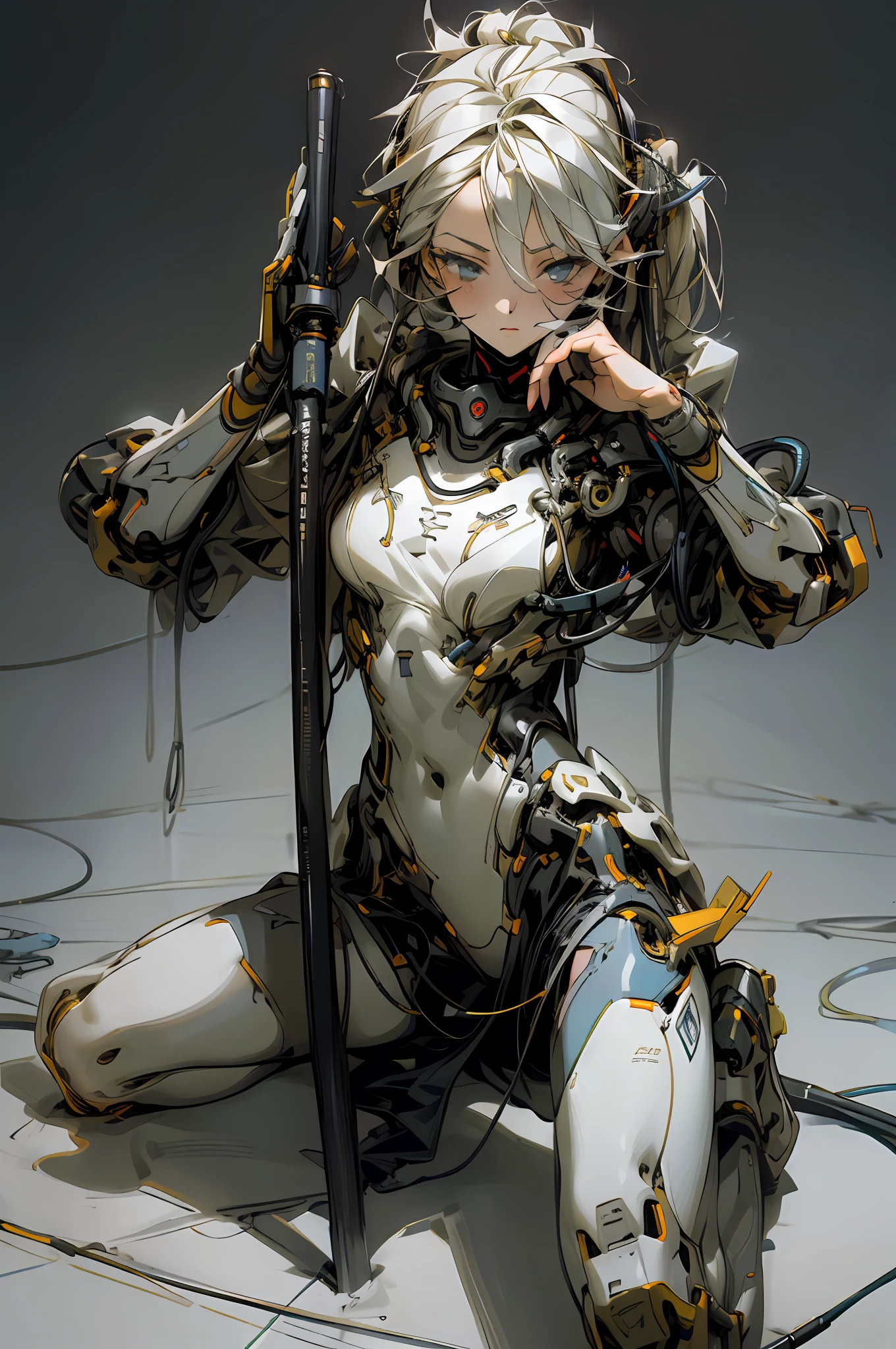 (masterpiece, top quality, best quality, official art, beautiful and aesthetic:1.2), (1girl:1.3), extreme detailed,colorful,highest detailed ((ultra-detailed)), (highly detailed CG illustration), ((an extremely delicate and beautiful)),looking at viewers,cinematic light,1girl,solo,full body,(mechanical vertebra attaching to back),((mechanical cervial attaching to neck)),(sitting),expressionless,(wires and cables attaching to neck:1.2),(wires and cables on head:1.2)(character focus),science fiction,white background,