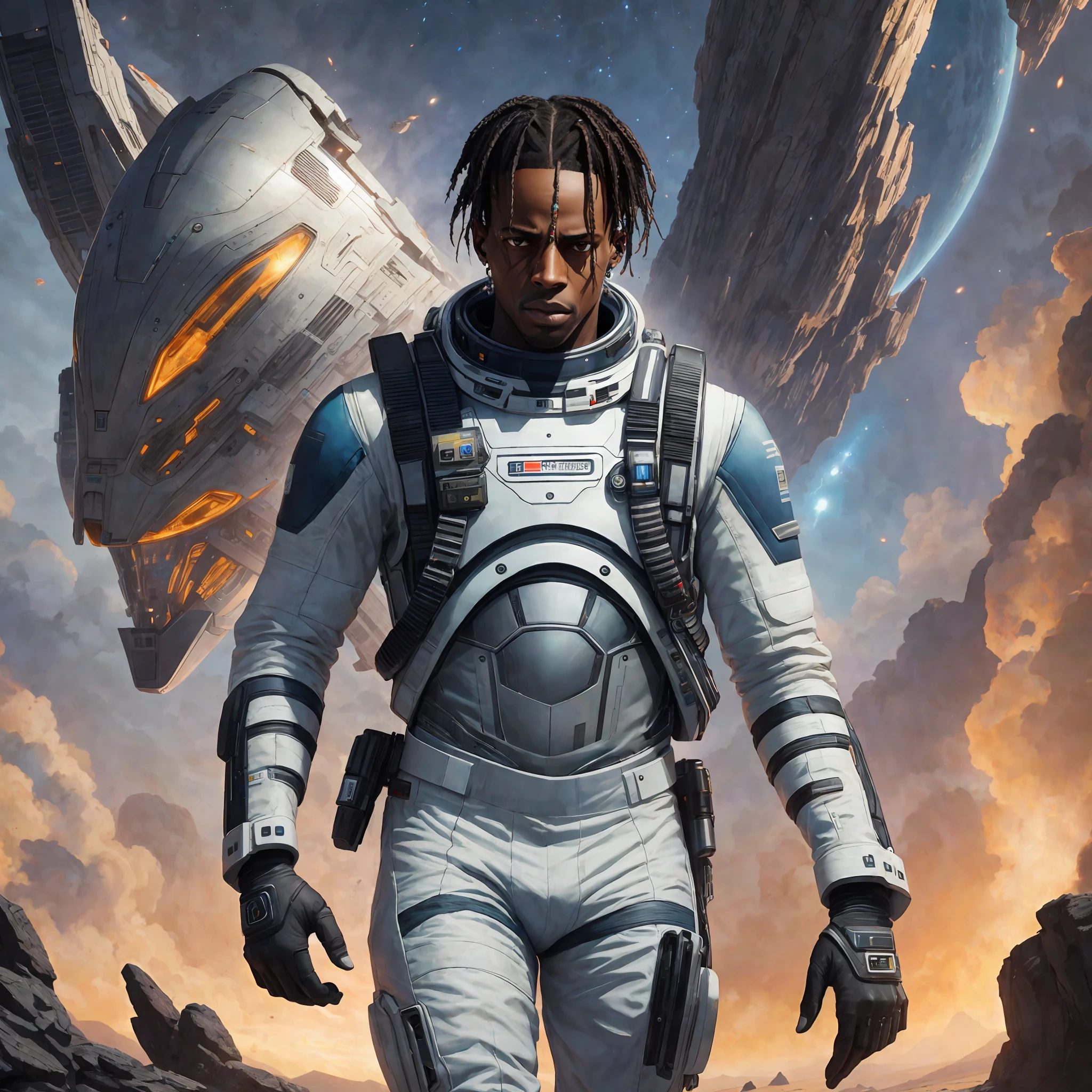 Travis Scott in a futuristic outfit,futuristic clothes, hyper-realistic style, 8k, Space suit, photography --auto --s2