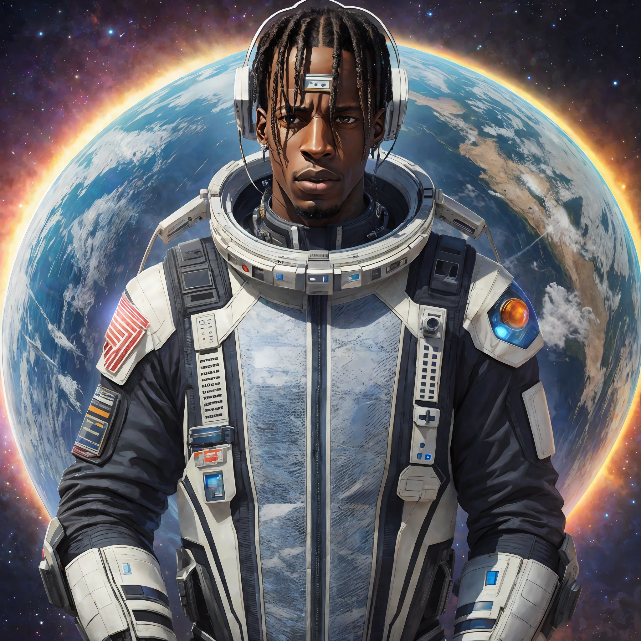 Travis Scott in a futuristic outfit,futuristic clothes, hyper-realistic style, 8k, Space suit, photography --auto --s2