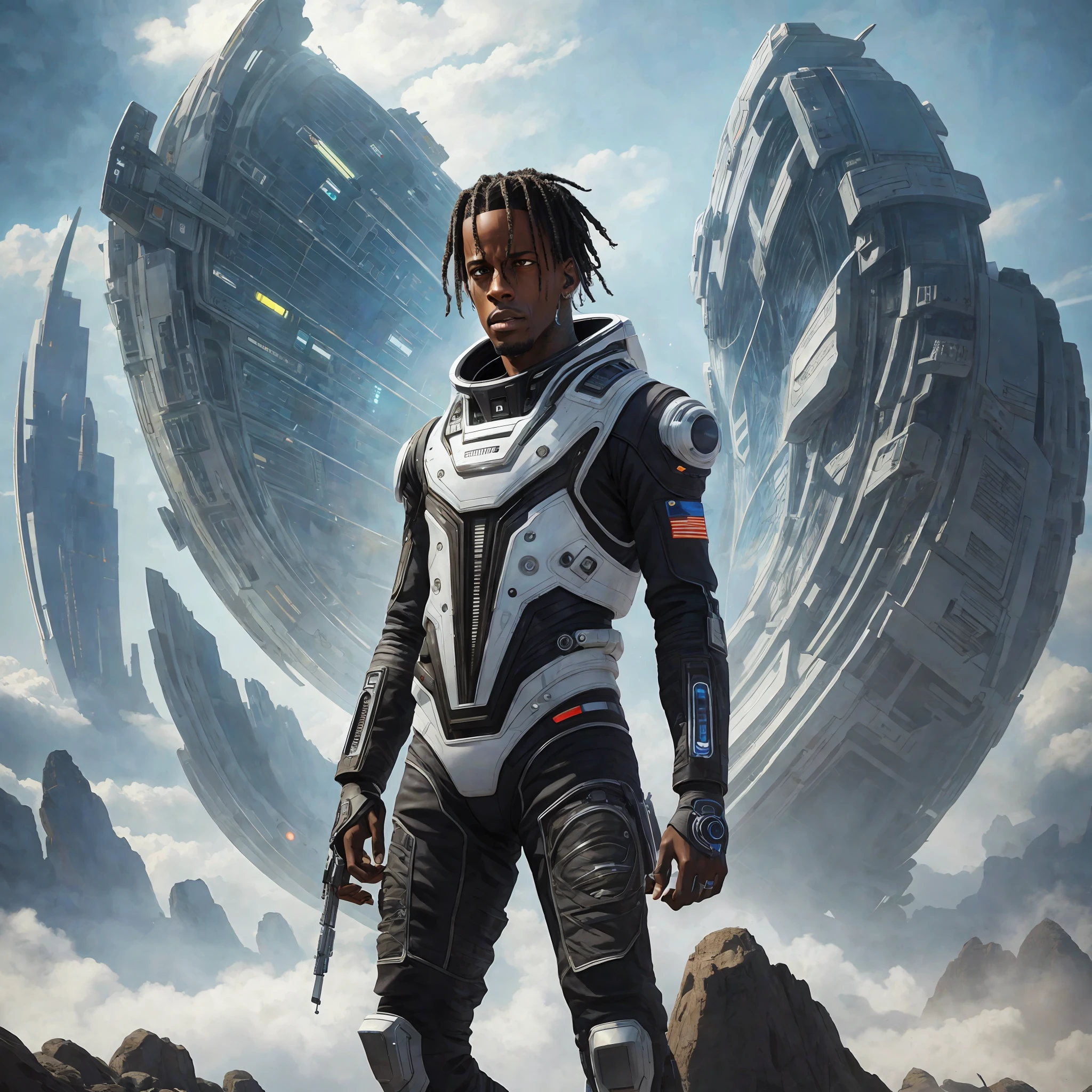 Travis Scott in a futuristic outfit,futuristic clothes, hyper-realistic style, 8k, Space suit, photography --auto --s2