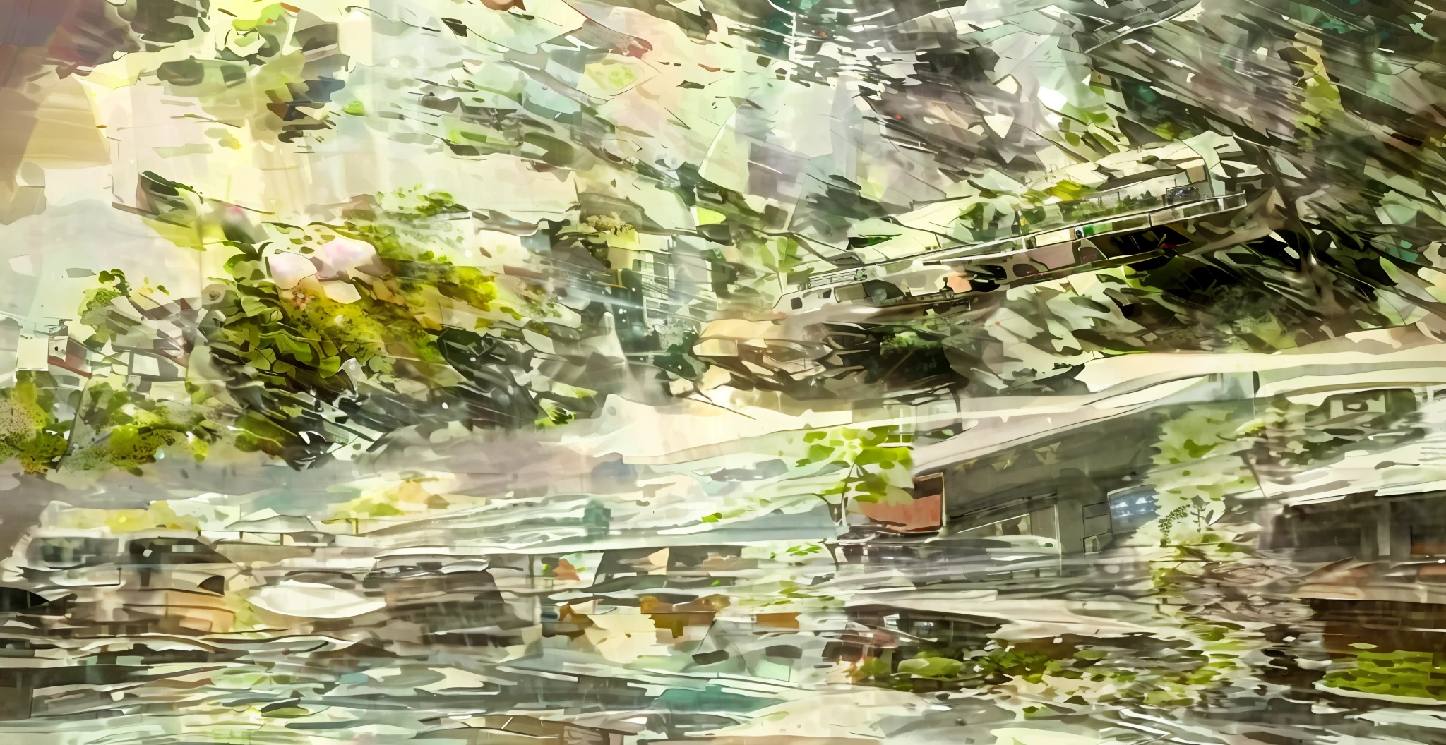 there is a bus that is driving down the street in the rain, double exposure of dally life, cyberpunk in foliage, cosmology of kyoto landscape, multiple exposure, double-exposure, double - exposure, inspired by Yanagawa Nobusada, double exposure, on a sunny day, multiexposure, nature futurism, superimposed composition, in glitchart jared forest