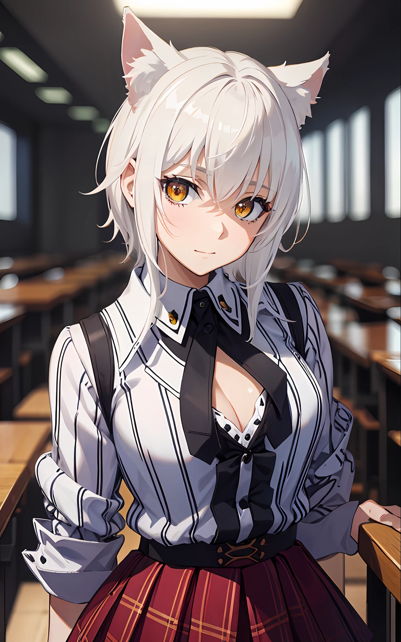 Best Quality, (Masterpiece:1.2), Highly Detailed, Standing, School, Indoor, Cat Ears, 1girl, solo, tojo koneko, looking at the viewer, closed mouth, slight smile, top, yellow eyes, white hair, short hair, hair decoration, school uniform, cleavage, striped shirt, unbuttoned shirt, red skirt, black neck band, erotica, (on the face, a lot of)