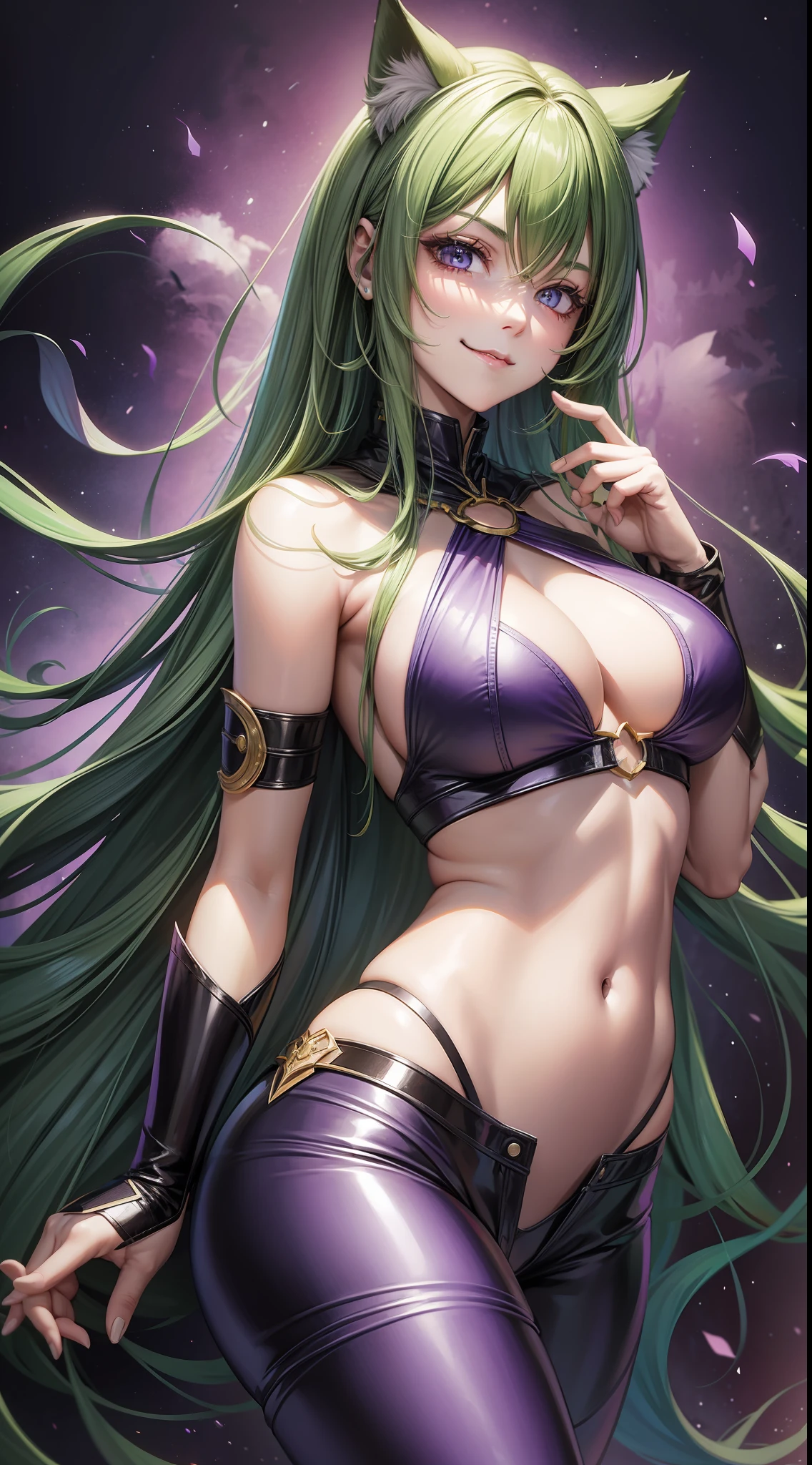 Young girl, long green hair, purple eyes, cat ears, smirk, superhero form, pants, open belly, inner sideboob, masterpiece, high quality