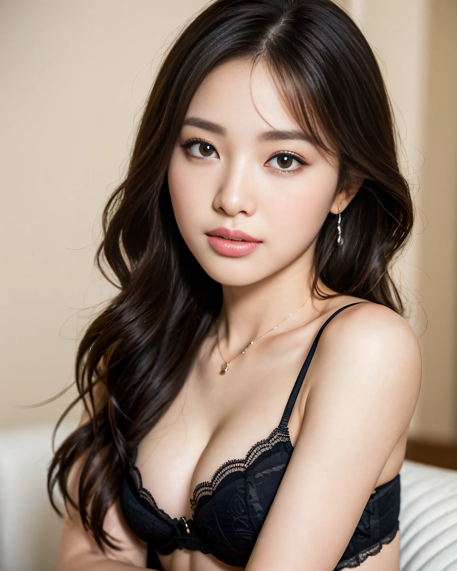 (8k, RAW photos, top quality, masterpiece: 1.2), ultra detail, ultra high resolution, (realistic, photorealistic: 1.37), high definition RAW color photos, professional photos, depth of field, bokeh, realistic shadows, caustics, natural shading, photon mapping, cinematic lighting, soft lighting, portrait, HDR, Sigma 24mm f2.8, ISO400, 1/125 sec shutter, Very delicate and beautiful, highly detailed 8k wallpaper, amazing, detail, huge file size, highly detailed CG Unity 8k wallpaper, official art, perfect artwork, production art, very detailed beautiful girl, very detailed face, very detailed eyes, very detailed skin, very detailed fingers, very detailed nose, very detailed mouth, Perfect anatomy, very detailed background, very detailed clothes, very complex details, 1 girl, (20 years old: 1.2), cute girl, famous Japan idol, cute, (big: 1.4), cleavage, realistic body, petite, fair skin, shiny skin, slender figure, good figure, light brown hair, medium hair, (dull bangs: 1.2), smile, cute, young, cute face, cute face, Realistic face, Makeup, Powder blush, PureErosFace_V1, Beautiful and detailed eyes, drooping eyes, round eyes, (beautiful big eyes: 1.2), big black eyes, beautiful clear eyes, eye makeup, eye shadow, double eyelids, tear bags, (black bra, laces: 1.2), lingerie, necklace, earrings, jewelry, (stockings: 1.2), If you look at the viewer, Cowboy Shot, (Open legs: 1.8), Contrapposto, (Arms back, back), (Living room of luxury hotel: 1.2),
