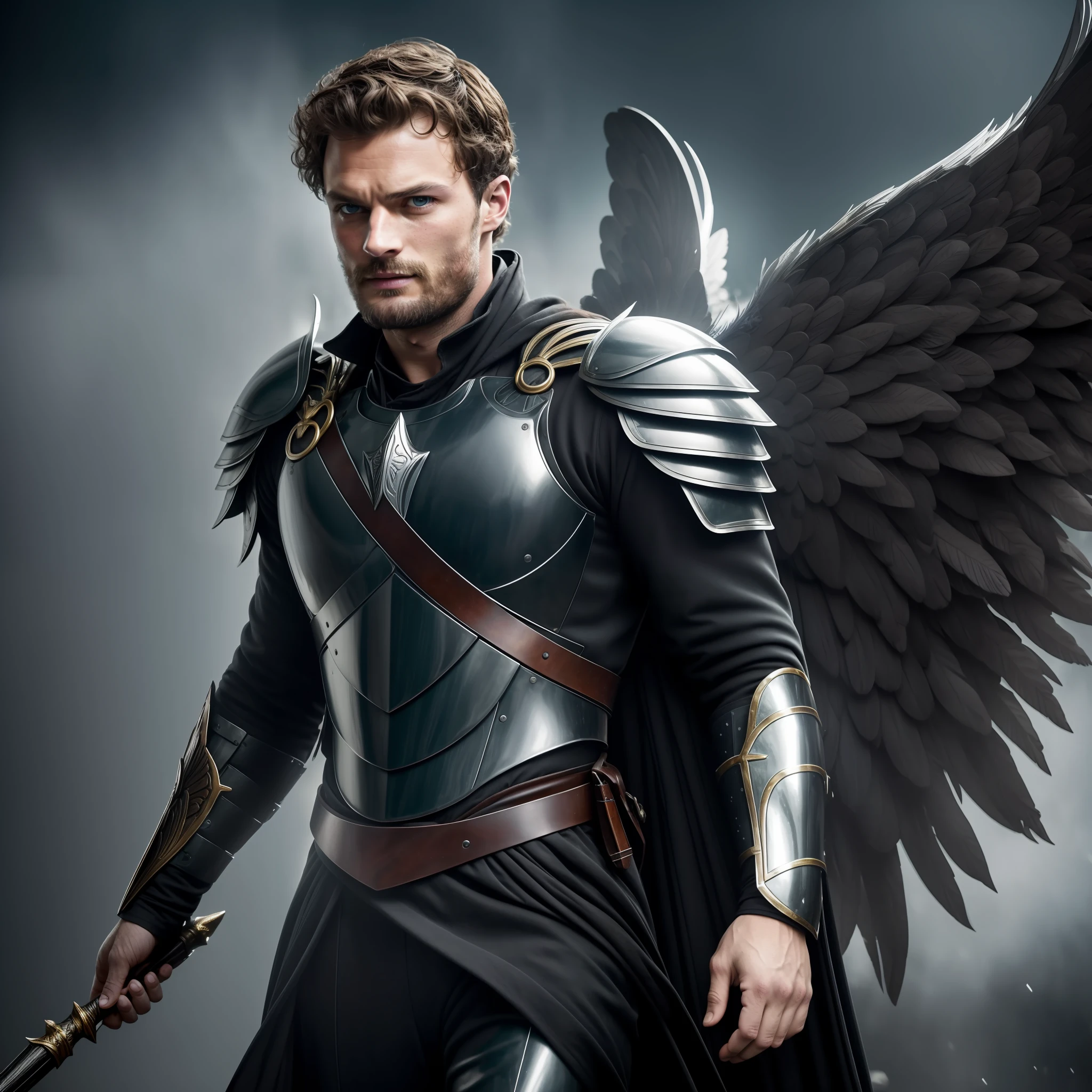 Archangel with large wings of feathers bracas, large white wings, armor, Jamie Dornan, eyes of light, wearing short black beard, wearing Golden Crown, focus on the details of the face, coming out happy rays, serious and attractive man, wearing white tunic, magical and royal effect, movie cover, with magical light explosions, powerful celestial warrior, similar to actor Jamie Dornan, Dark black image background, (8k, RAW photo, best quality, masterpiece: 1.2), (realistic, photorealistic: 1.37), professional lighting.