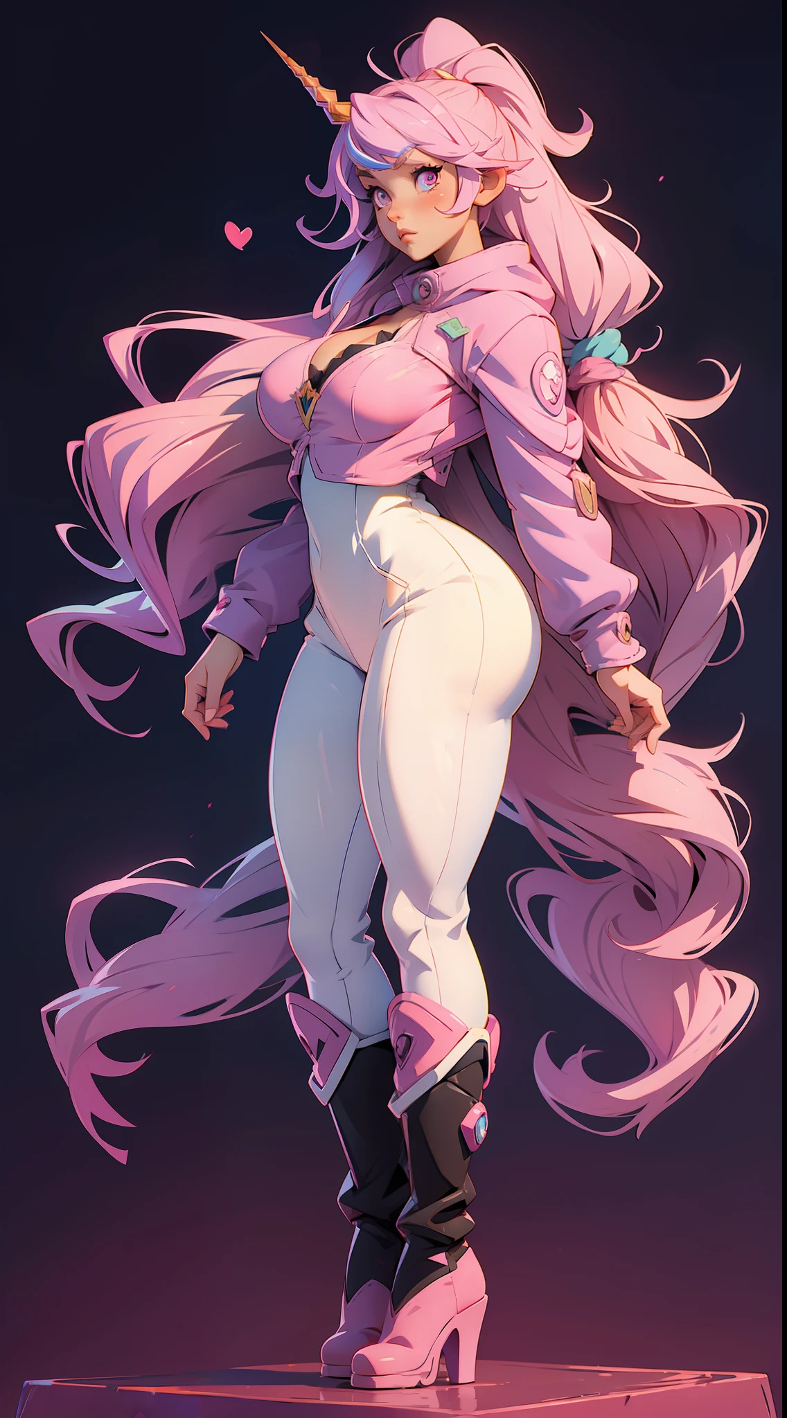 anime waifu unicorn, pink eyes, long hair rainbow, plush clothes, big boots, perfect body, huge breasts, background a garden