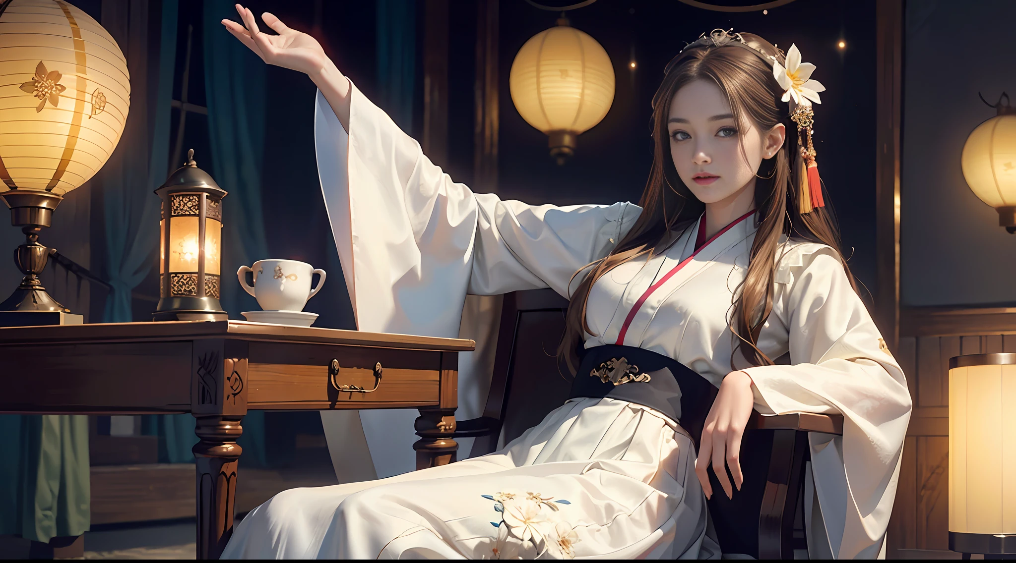 Superb Quality, Masterpiece, High Resolution, (Exquisite Body: 1.5), Stunning Beauty, (Milky Skin: 1.3), Delicate Details, High Resolution, Wallpaper, 1 Woman, Solo, Dress, Hair Accessories, (((White Dress)), Flower, Long Hair, Brown Hair, Shut Up, Accessories, Long Sleeves, Raised Hands, Wide Sleeves, Big Eyes, Flowing Hair, Hanfu, Hanfu, Embroidery, Long Skirt, Book in Hand, Semi-Reclining Position, Chair, Indoor, Fanning, Lantern, 16K, HDR, High Resolution, Depth of Field, (Film Grae: 1.1), Bocon, Primetime, (Lens Glow), Vignette, Rainbow, (Color Grading: 1.5)