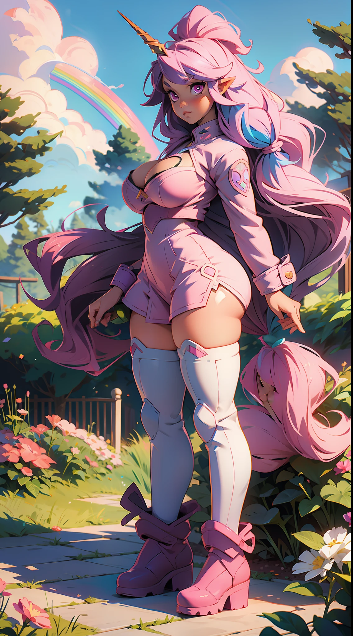 anime waifu unicorn, pink eyes, long hair rainbow, plush clothes, big boots, perfect body, huge breasts, background a garden