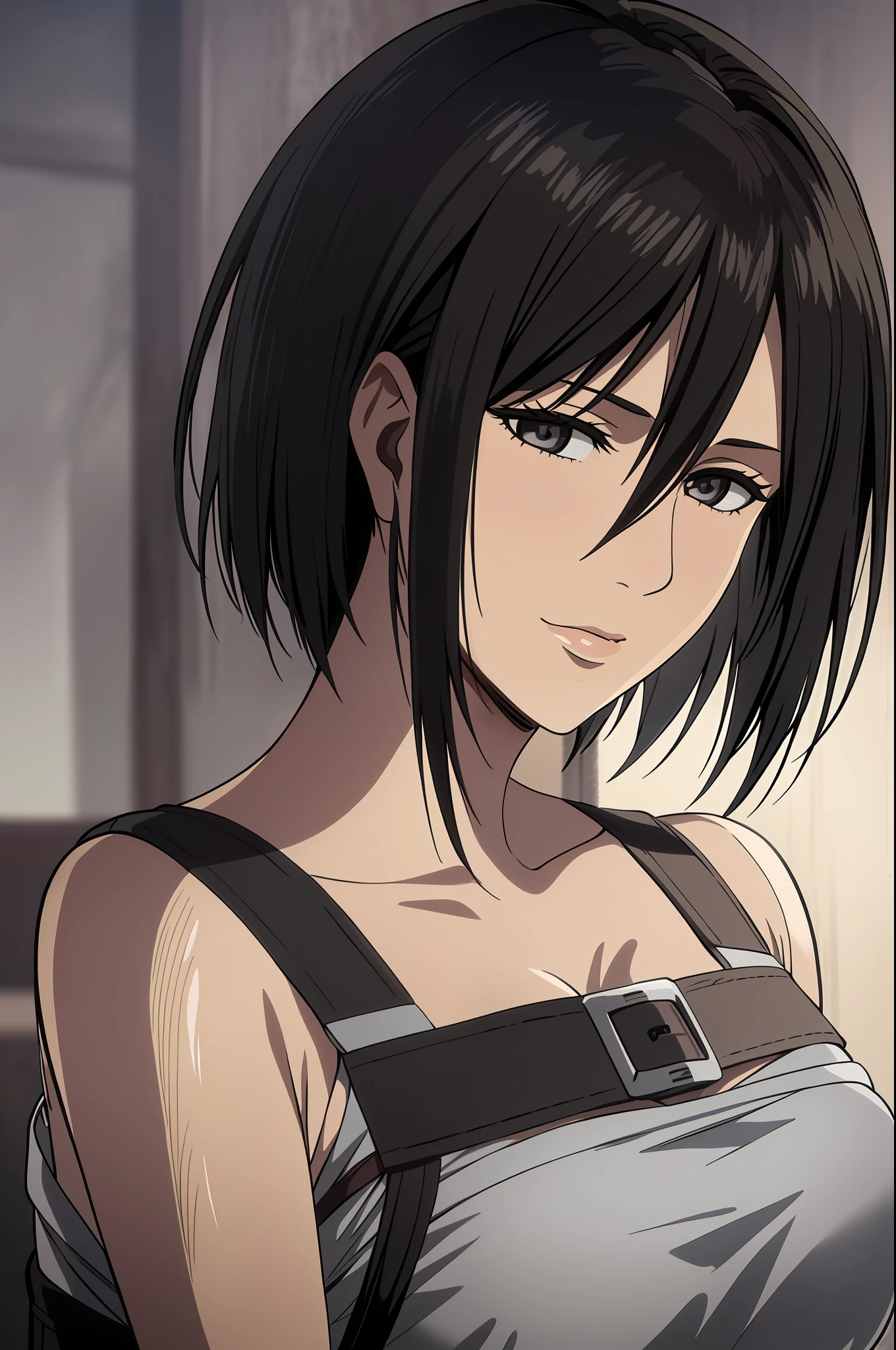 1girl, mikasa ackerman, (black hair:1.3), hair between eyes, short hair, sideburns, gray eyes, lips, cleavage, close up, solo, lips,, masterpiece, best quality,