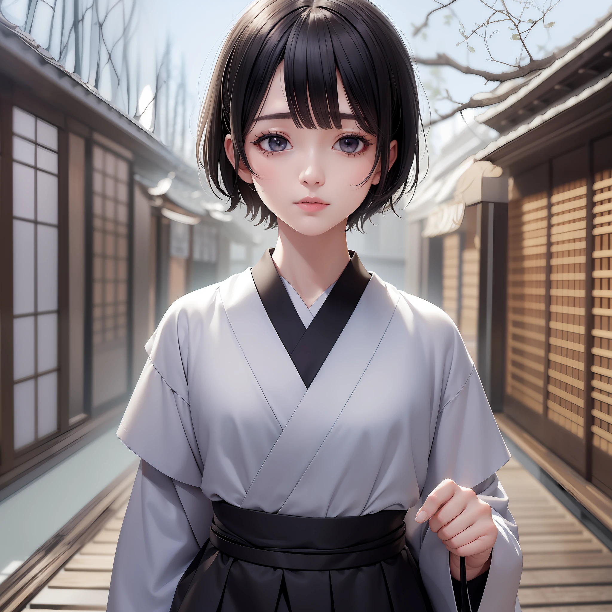 (Masterpiece) 8K resolution, beautiful young priest performing Shinto rituals, black short bob hair, hazel eyes, black eyes, kind face, Japanese clothes, fantasy style,