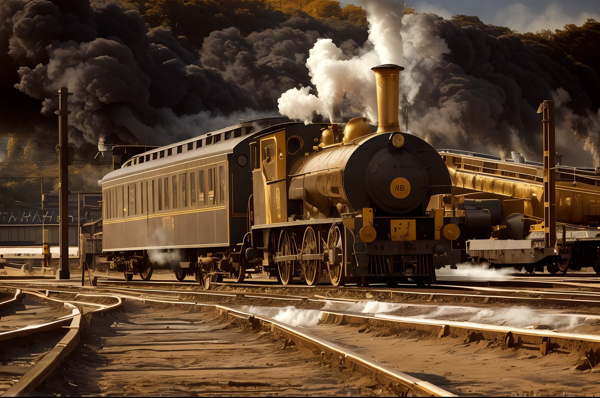 there is a train that is traveling down the tracks with smoke coming out of it, steam trains, steam train, steam engine, white steam on the side, a steam wheeler from 1880s, spectacular quality, trains, railways, steamy, brass and steam technology, train, smoldering, former, steampank style, golden engines, trains in the background