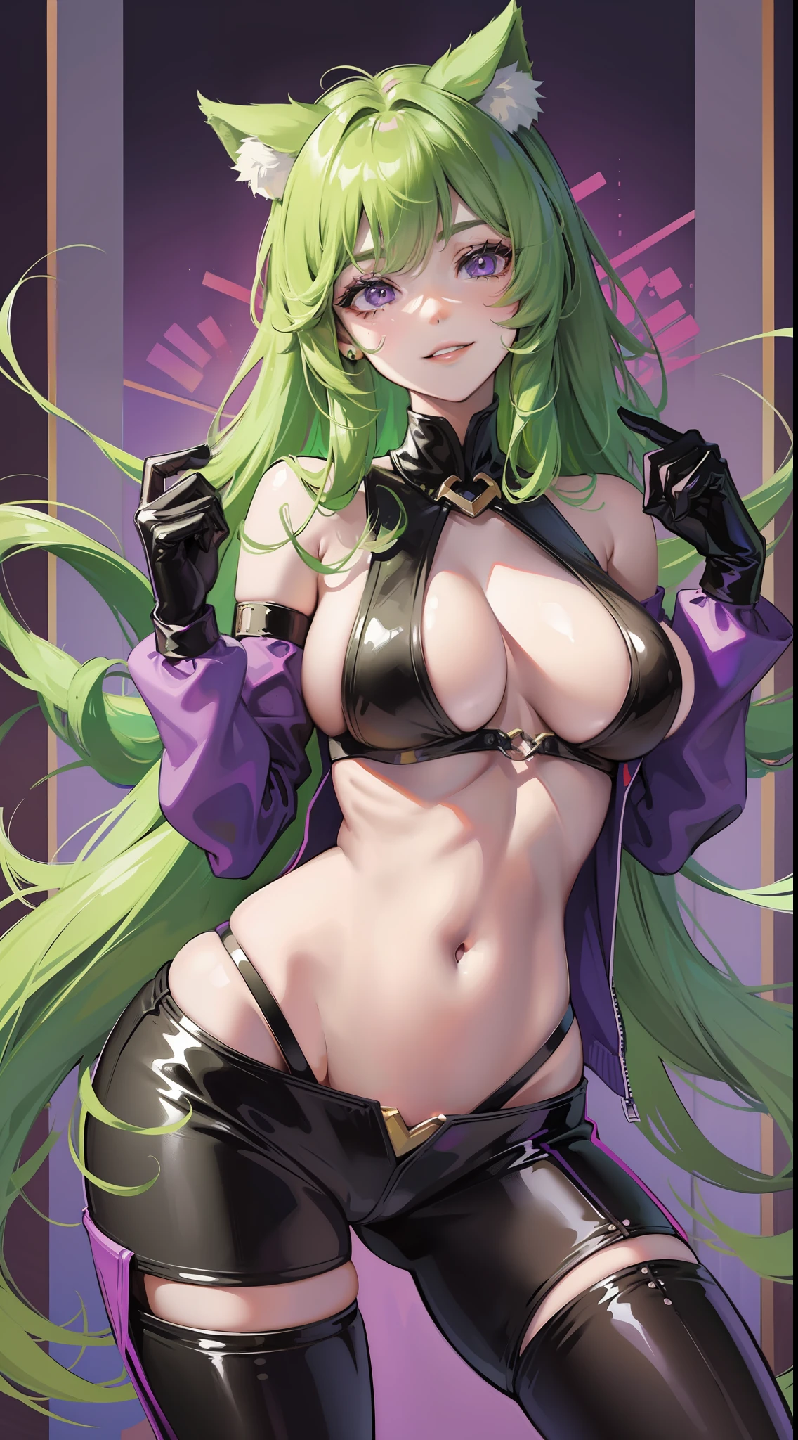 Young girl, long green hair, purple eyes, cat ears, smirk, superhero form, pants, open belly, inner sideboob, masterpiece, high quality