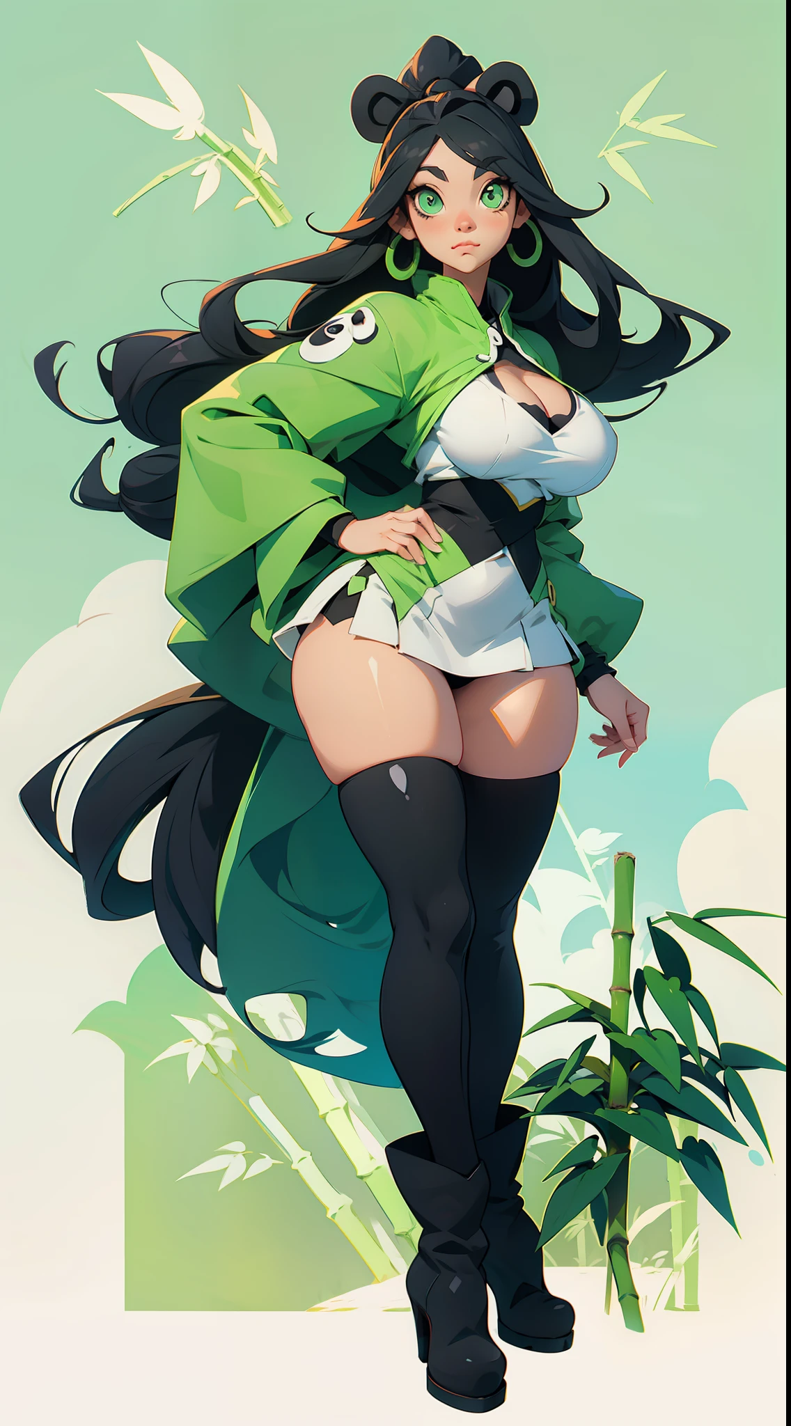 anime waifu panda, green eyes, long hair black and white, plush clothes, big boots, perfect body, huge breasts , background a garden bamboo