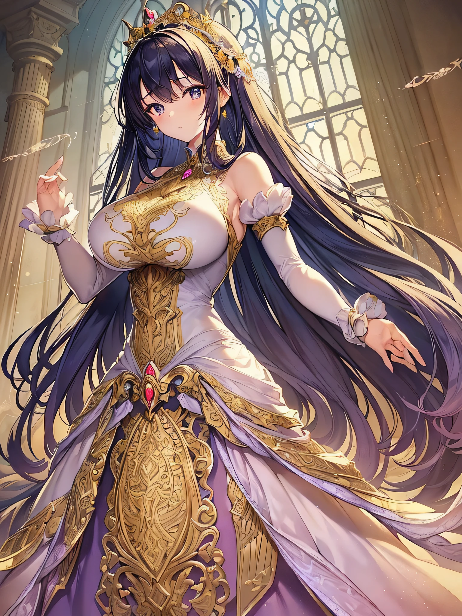 ((anime moe artstyle)),((Masterpiece)), (Best Quality), (Super Detail),Illustration,(((Very Delicate and Beautiful))),Dynamic Angle,Looking at viewer,(((Solo))),((Full body)),(((1 princess in gorgeous ball gown))),(Very Long Hair),gorgeous embroidery and lace,(gigantic breasts,Huge breasts,Bulging breasts,Long breasts),((voluminous gorgeous ball gown)),