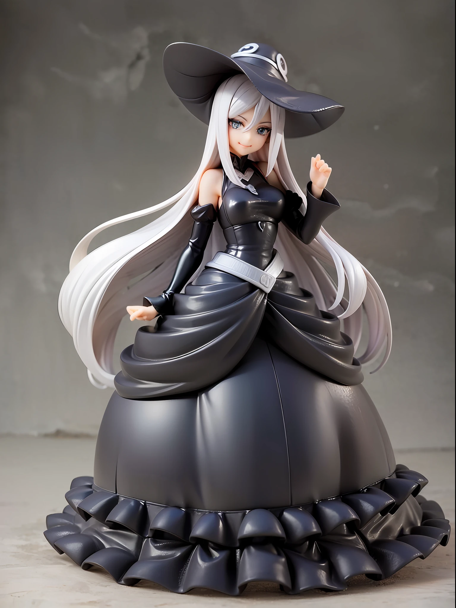Elegant and mature Cynthia from Pokemon, long grey hair, beautiful green eyes, closed mouth, elegant pose, smile, full body, dressed in her iconic black and white dress, looking forward, battle scene background, white and black theme, mature expression, the elegant costume of Cynthia, with her iconic hat.