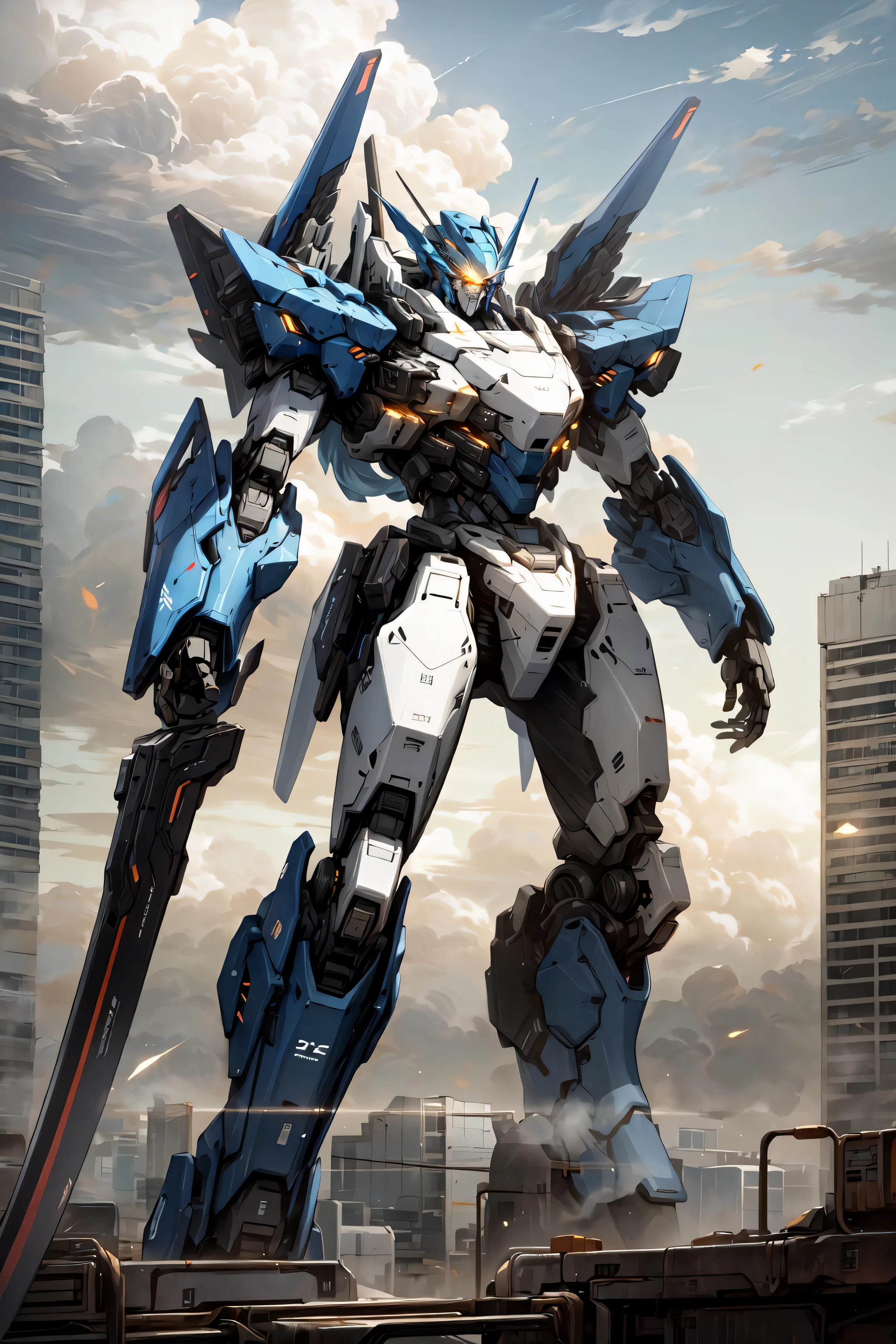 sky, cloud, holding_weapon, no_humans, glowing, , robot, building, glowing_eyes, mecha, science_fiction, city, realistic,mecha