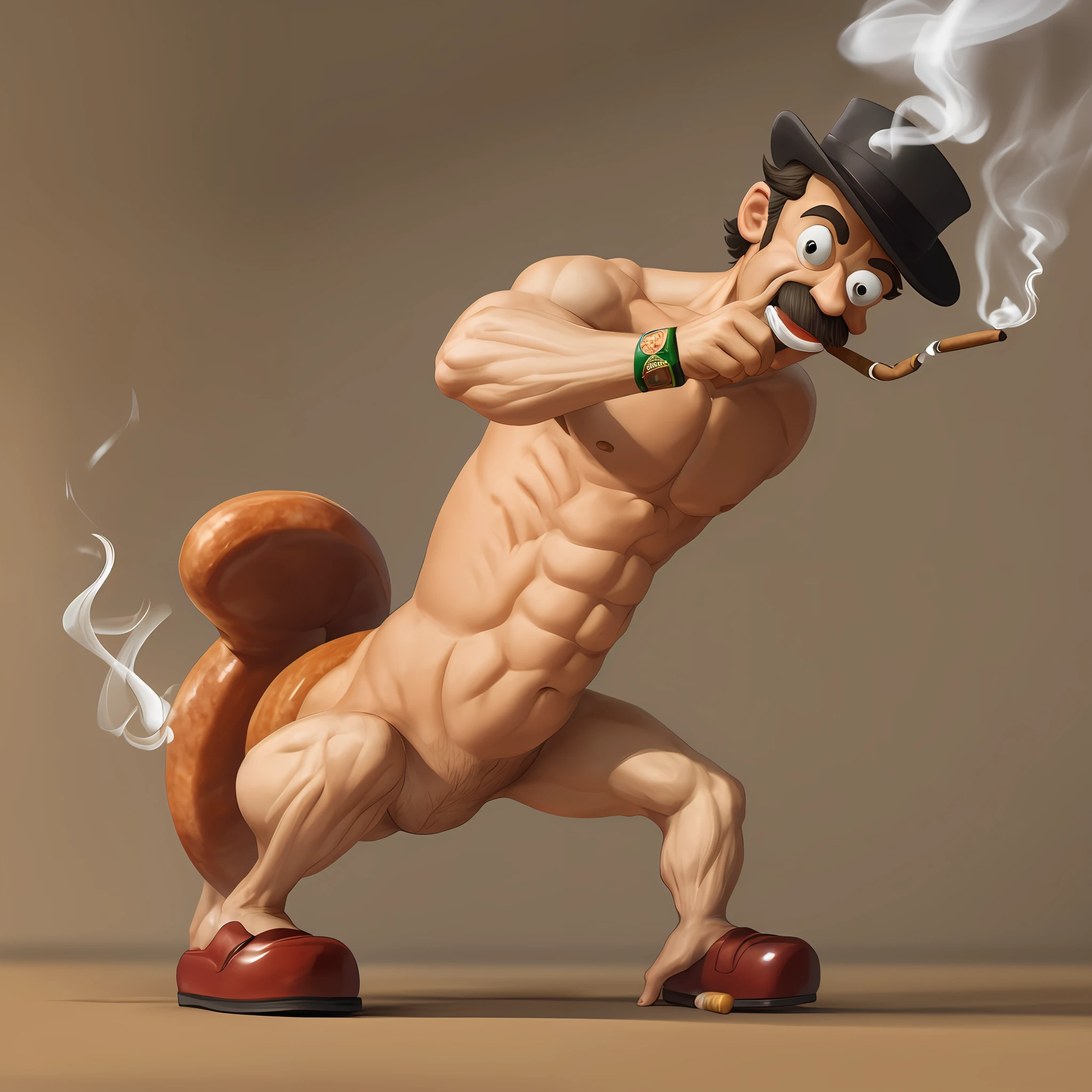 Sausage with thin legs and arms and caricature, smoking a cigar, 8K, UHD, ultra realistic --auto --s2