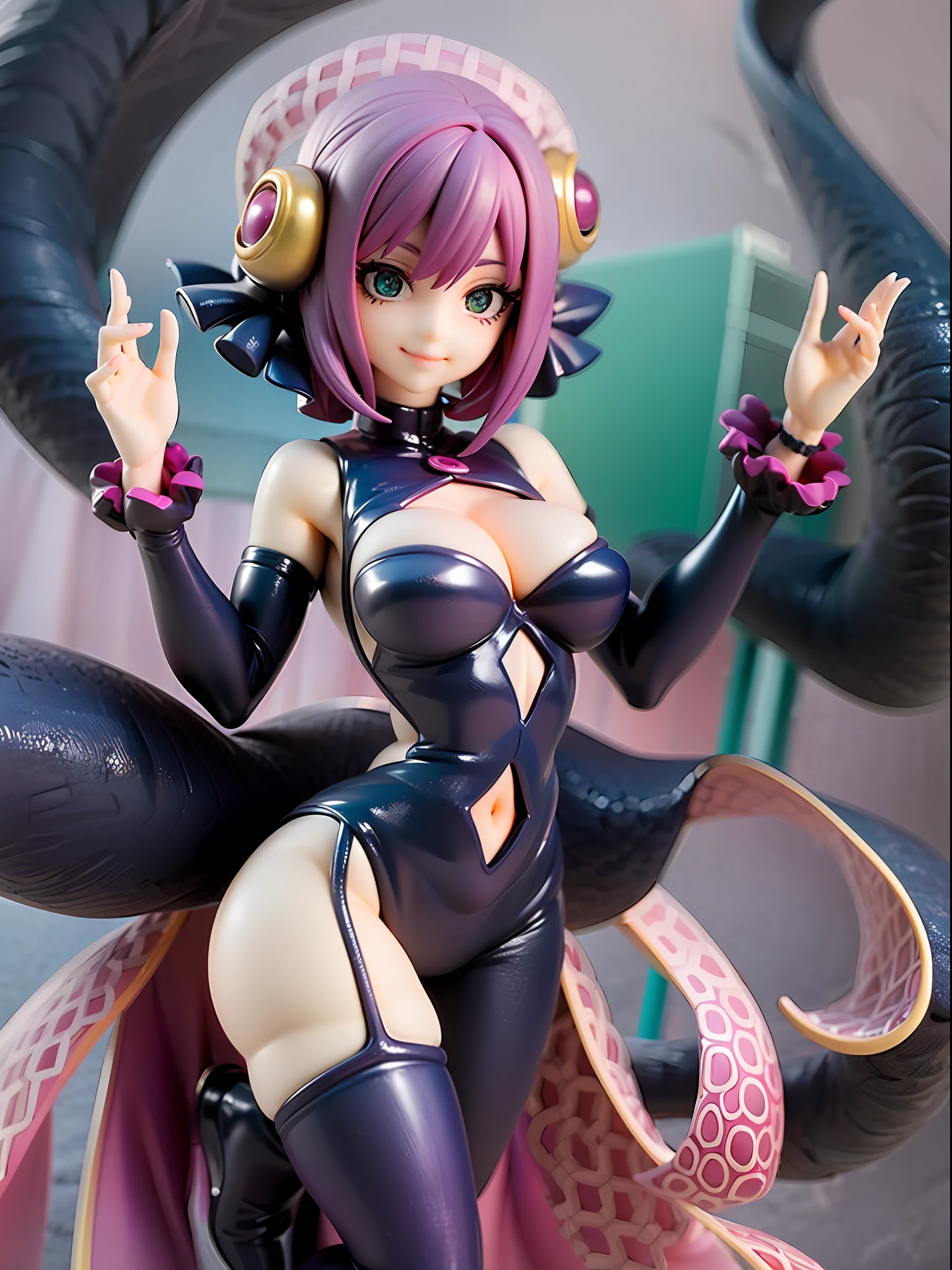 girl with octopus tentacles, short purple hair, beautiful emerald green eyes, closed mouth, exciting pose, smile, full body, unique costume with tentacles, looking forward, deep sea background, black and purple theme, playful and cheerful expression, black and purple costume with tentacles, lively design,