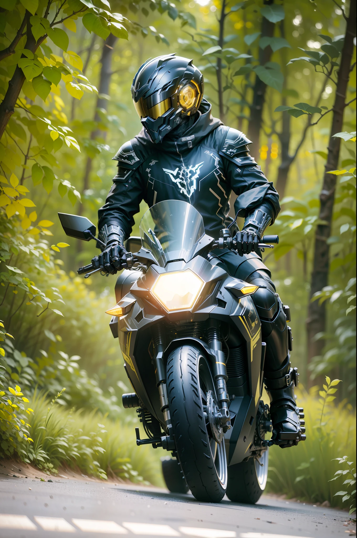 Skeleton Male Rider Cyber Mechanical Motorcycle, Exquisite Black Tech Helmet, Nousr, Biomechanics, MSHN Robot Man, Tech Helmet, Hyperreal, Steel, Intricate Design, Crazy Details, Fine Details, Extremely Clear Lines, Cinematic Lighting, Photo Realistic, Detailed Masterpiece
