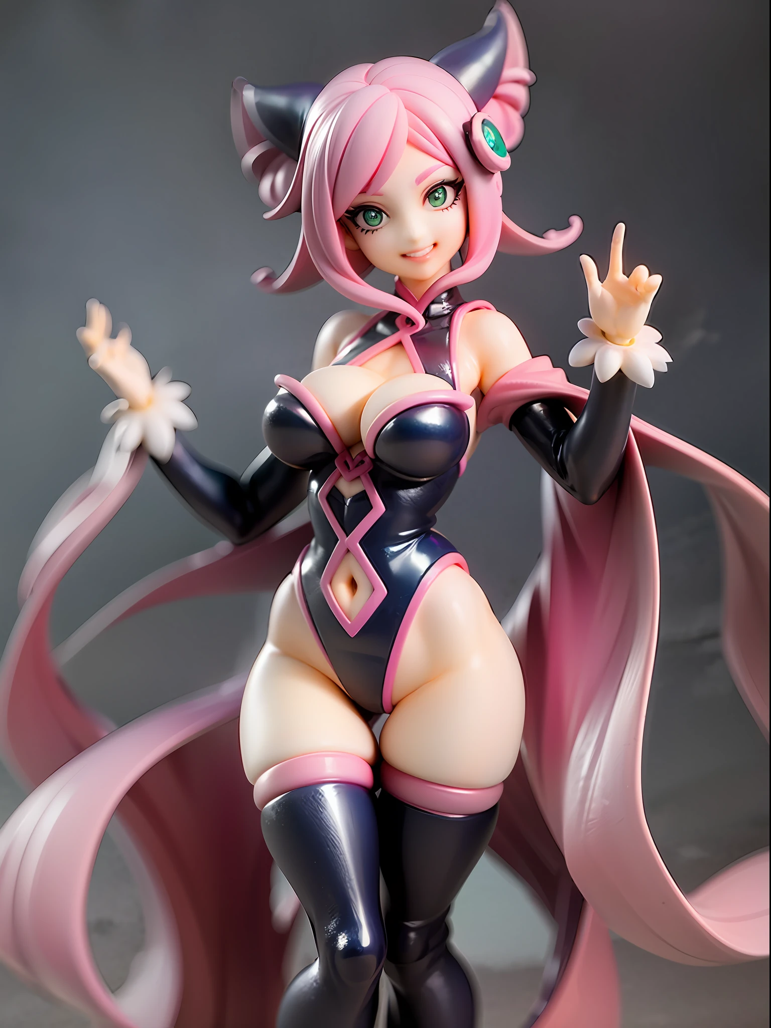 girl with octopus tentacles, short purple hair, beautiful emerald green eyes, closed mouth, exciting pose, smile, full body, unique costume with tentacles, looking forward, deep sea background, black and purple theme, playful and cheerful expression, black and purple costume with tentacles, lively design,