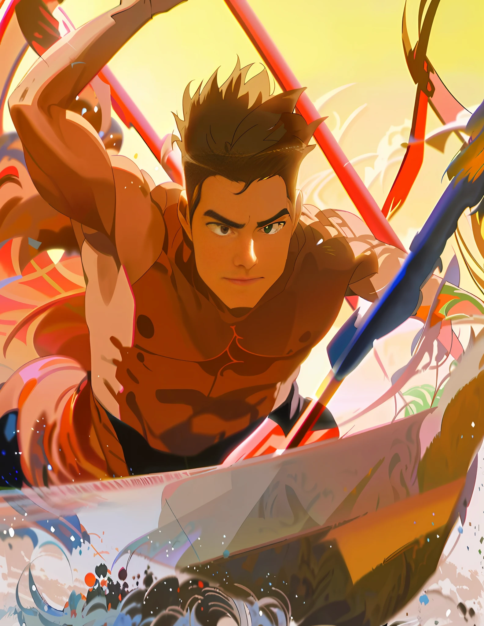 Sunset, shirtless, clear muscles, clear light and shadow, Makoto Shinkai Cyril Rolando, Makoto Shinkai. Digital rendering, Rob Rey and Kennaro Miura style, Sun-Hyuk Kim, inspired by RHADS, concept art |