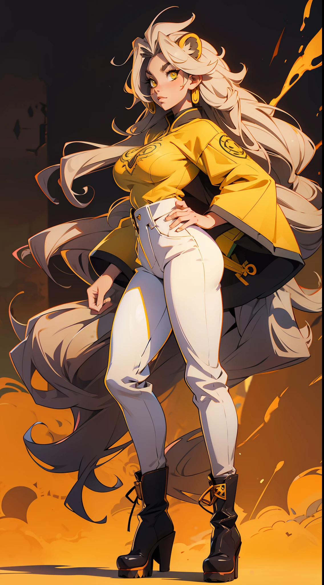 anime waifu lion, yellow eyes, long hair , plush clothes, big boots, perfect body, huge breasts , background african jungle