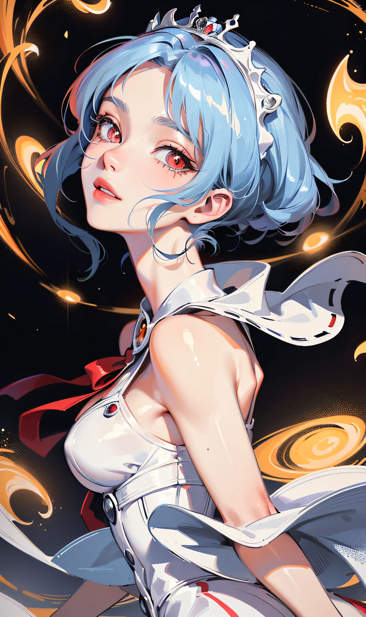 ((masterpiece, best quality, high resolution, superb solo, very detailed wallpaper, (26-year-old European royal sister: 1.4), Rei Ayanami (Evangelion), red eyes, glowing eyes, sparkling eyes, glint, eye reflection, pretty eyes, eye reflex, shyness, big nose, {portrait close-up}, three-dimensional facial features, no background, posing, {look down|look up|look side})),