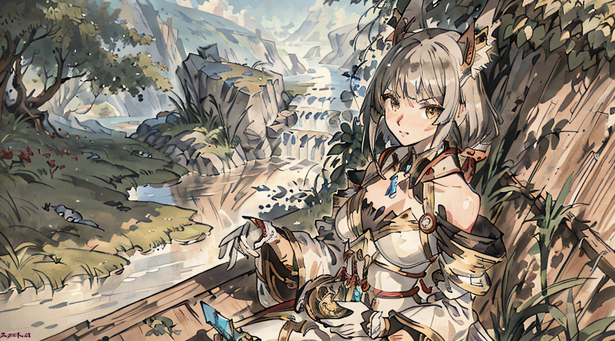 blade_nia en landscape from xenoblade, fantasy, epic scale, highly detailed, digital painting, artstation, concept art, matte, sharp focus, illustration, hearthstone, art by artgerm and greg rutkowski and alphonse mucha