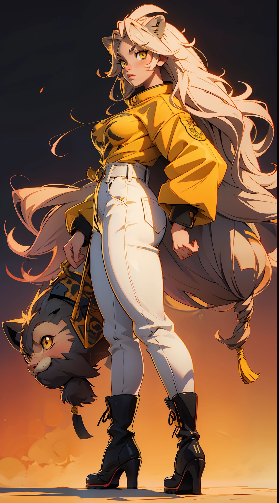 anime waifu lion, yellow eyes, long hair , plush clothes, big boots, perfect body, huge breasts , background african jungle