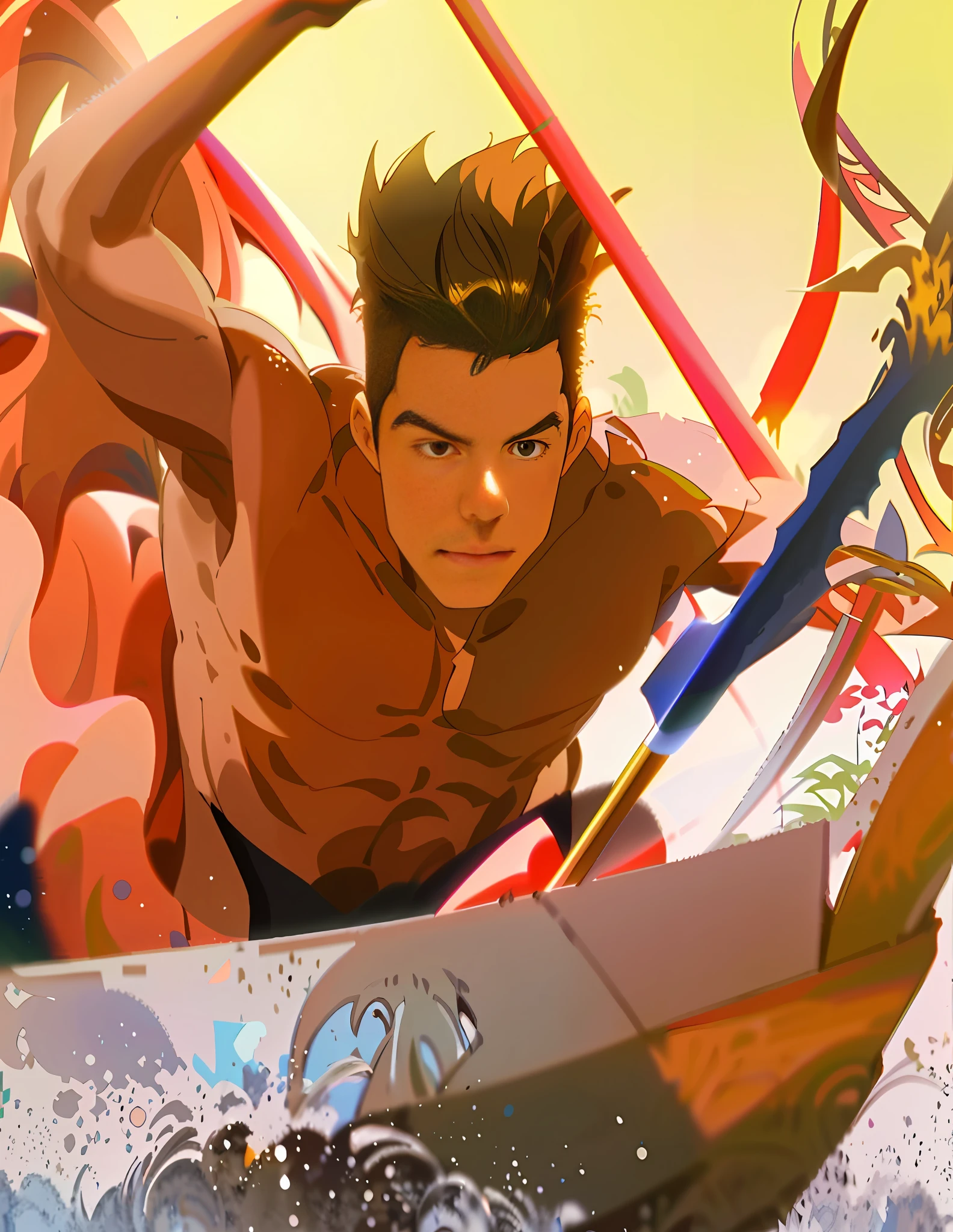 Sunset, shirtless, clear muscles, tense expression, hard working spirit, clear light and shadow, Makoto Shinkai Cyril Rolando, Makoto Shinkai. Digital rendering, Rob Rey and Kennaro Miura style, Sun-Hyuk Kim, inspired by RHADS, concept art |