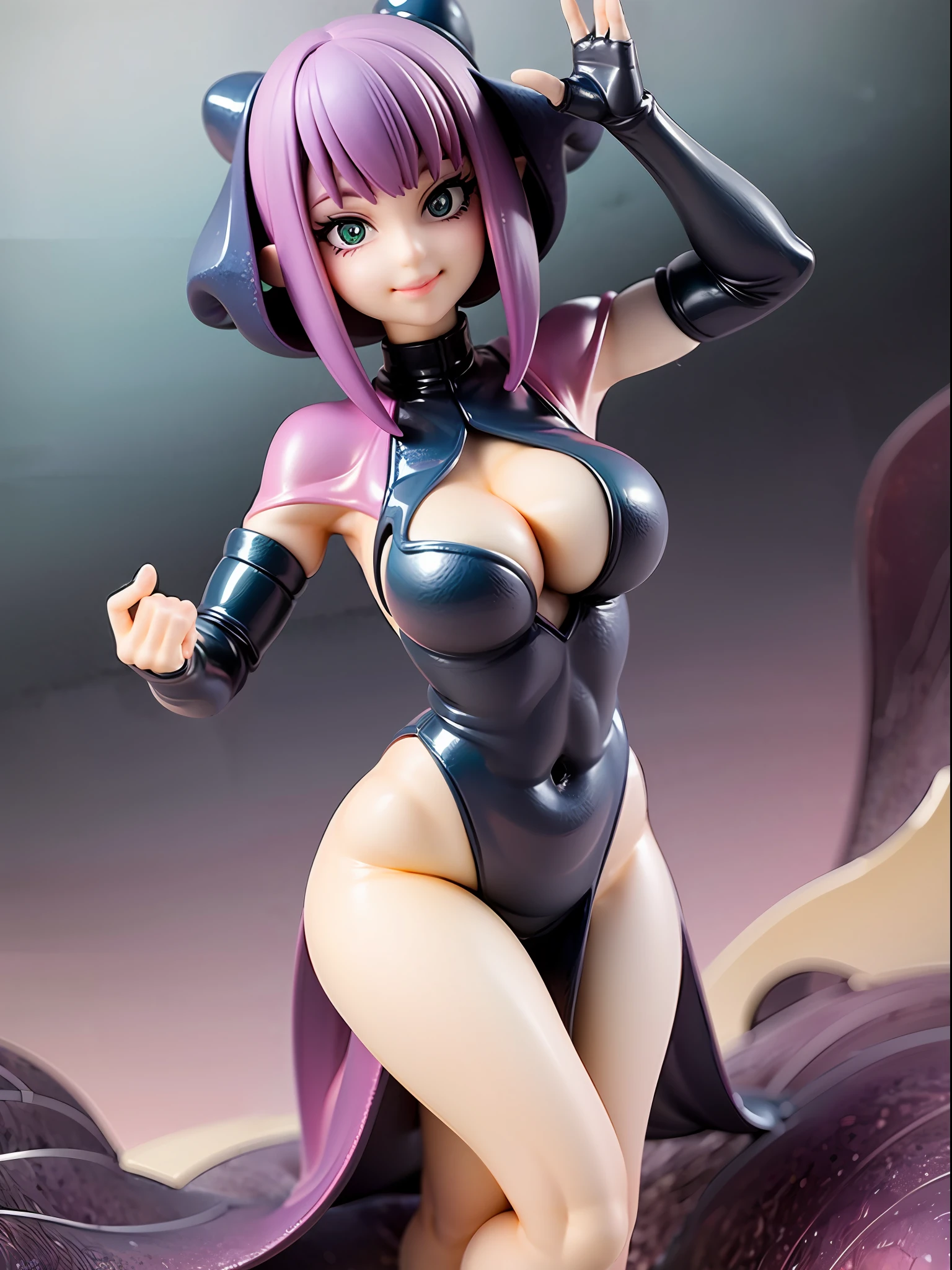girl with octopus tentacles, short purple hair, beautiful emerald green eyes, closed mouth, exciting pose, smile, full body, unique costume with tentacles, looking forward, deep sea background, black and purple theme, playful and cheerful expression, black and purple costume with tentacles, lively design,