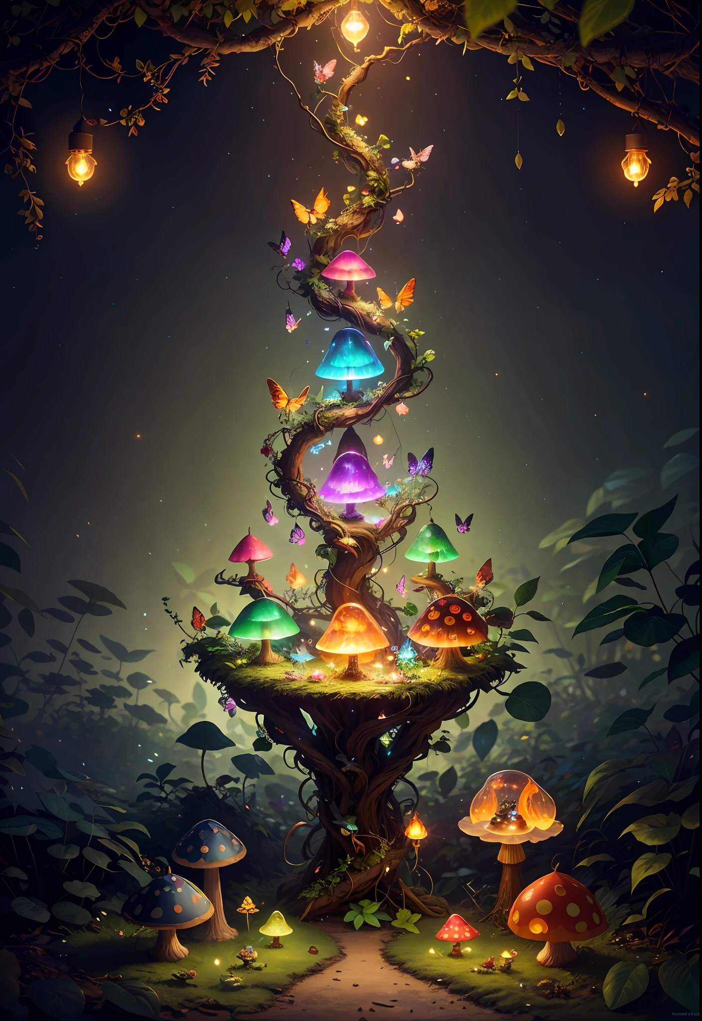 Fantasy in a glass, "ethereal roses, cute animals, glowing little mushrooms surrounded by delicate leaves and branches, and fireflies and glowing particle effects", (natural elements), (jungle theme), (leaves), (branches), (fireflies), butterflies, (delicate leaves), (glow), (particle effects), super realistic, super detailed, dramatic lightning, 4k, masterpiece,