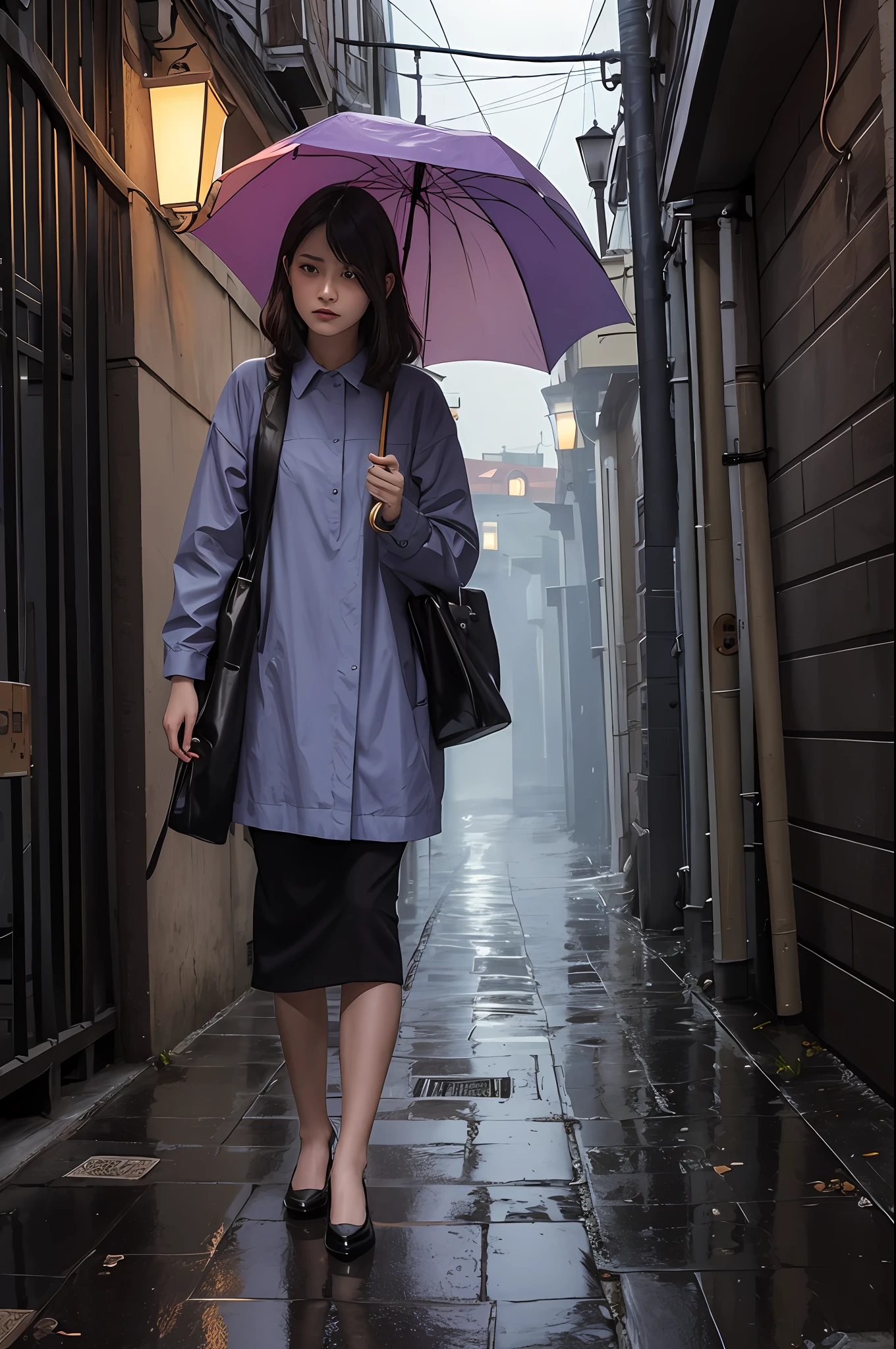 Holding an oil-paper umbrella, wandering alone in a long, long, lonely rainy alley, I hope to meet a girl like a lilac with a grudge