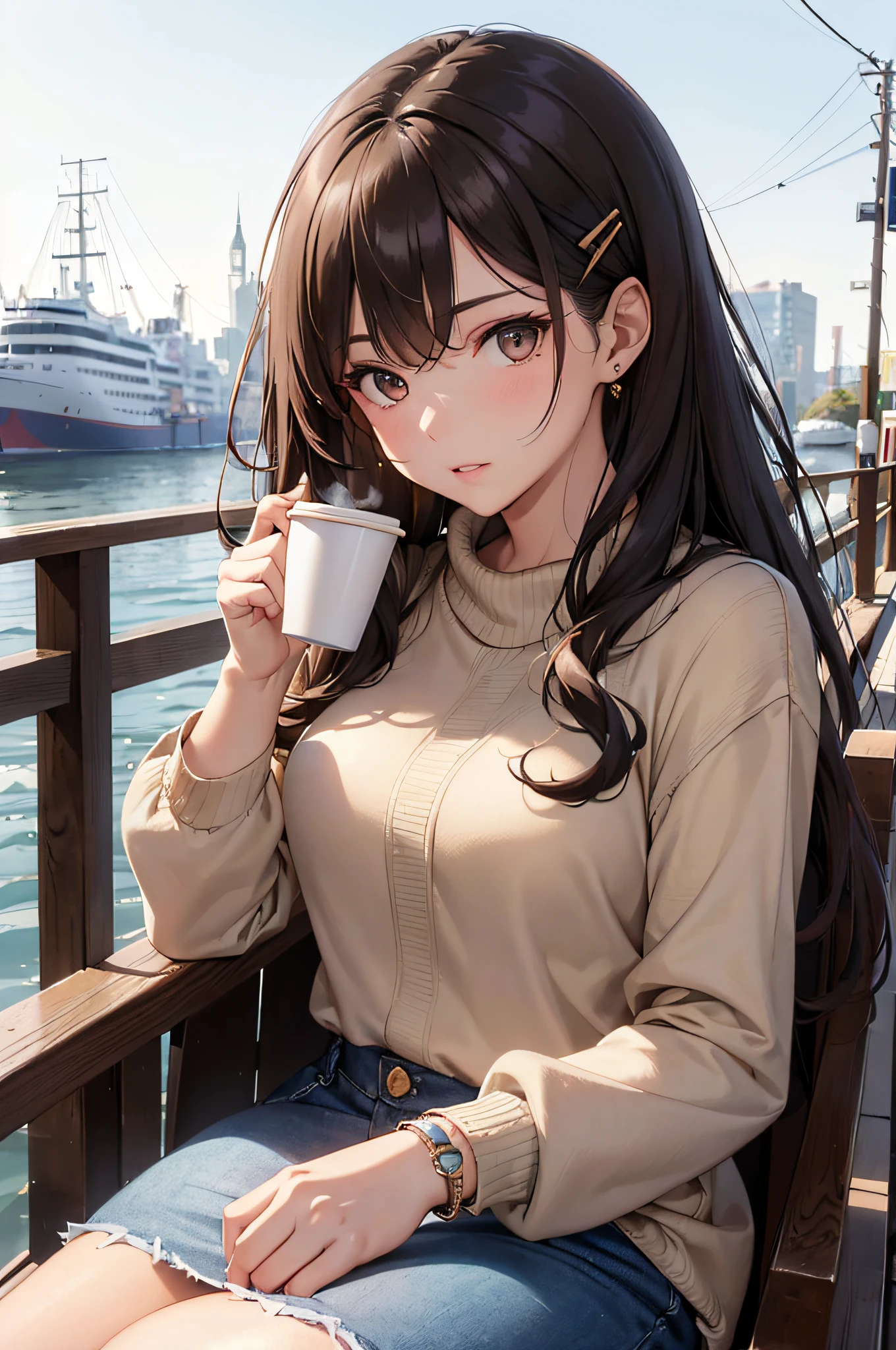 (masterpiece), (portrait), (aesthetic), (beautiful), (upper blody), (high quality), (aesthetic clothings), (professional angle), (rule of thirds), (Feminine), (woman), (female), (beautiful),(feminine features), (25 years), solo, 1 woman, (attractive Spanish), Autumn, Warm light, (Sitting), Elegant Makeup, (Medium bust), ((holding a Cup of Coffee)), (Side face), (Serene expression), ((Sophisticated Mood)), Scarf and Bracelets, ((Long hair)), (Brown hair), (Curly hair), (Voluminous hair), Natural shine hair, (Hair Clip in hair), (Brown eyes), (Chic look), (Olive skin), (Neutral clothing), (Sweater), (Coat), (Jeans), Boat Neck neckline), ((Urban background)), (- in background), (Close-up shot), beautiful hands, two hands, normal hands, two arms, complete hands, beautiful body, beautiful fingers, normal fingers, five fingers, five fingers, (Thumb index meddle ring little fingers), beautiful ears, normal ears, beautiful eyes, shiny eyes, beautiful mouth, beautiful lips,