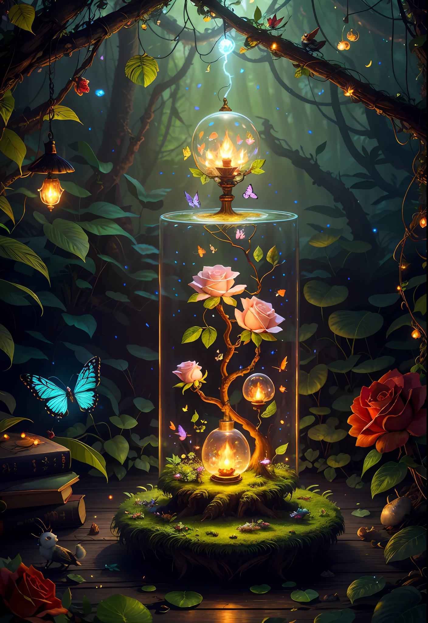 Fantasy in a glass, "ethereal roses, cute animals, glowing little mushrooms surrounded by delicate leaves and branches, and fireflies and glowing particle effects", (natural elements), (jungle theme), (leaves), (branches), (fireflies), butterflies, (delicate leaves), (glow), (particle effects), super realistic, super detailed, dramatic lightning, 4k, masterpiece,