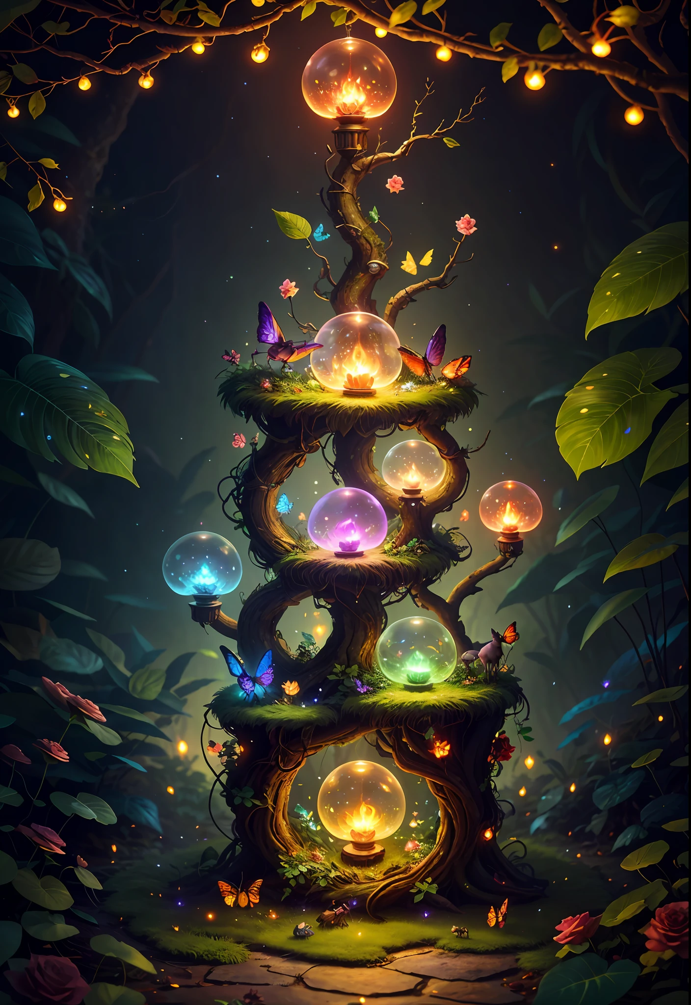 Fantasy in a glass, "ethereal roses, cute animals, glowing little mushrooms surrounded by delicate leaves and branches, and fireflies and glowing particle effects", (natural elements), (jungle theme), (leaves), (branches), (fireflies), butterflies, (delicate leaves), (glow), (particle effects), super realistic, super detailed, dramatic lightning, 4k, masterpiece,