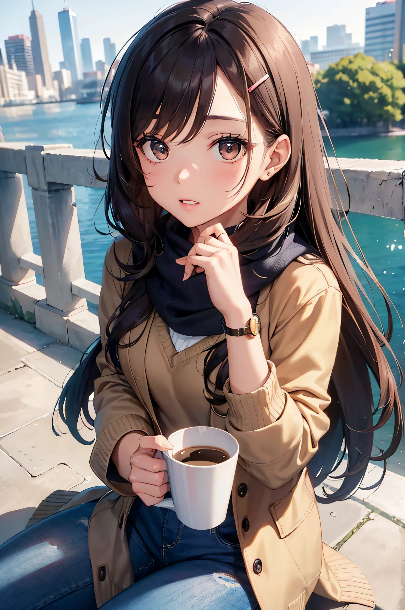 (masterpiece), (portrait), (aesthetic), (beautiful), (upper blody), (high quality), (aesthetic clothings), (professional angle), (rule of thirds), (Feminine), (woman), (female), (beautiful),(feminine features), (25 years), solo, 1 woman, (attractive Spanish), Autumn, Warm light, (Sitting), Elegant Makeup, (Medium bust), ((holding a Cup of Coffee)), (Side face), (Serene expression), ((Sophisticated Mood)), Scarf and Bracelets, ((Long hair)), (Brown hair), (Curly hair), (Voluminous hair), Natural shine hair, (Hair Clip in hair), (Brown eyes), (Chic look), (Olive skin), (Neutral clothing), (Sweater), (Coat), (Jeans), Boat Neck neckline), ((Urban background)), (- in background), (Close-up shot), beautiful hands, two hands, normal hands, two arms, complete hands, beautiful body, beautiful fingers, normal fingers, five fingers, five fingers, (Thumb index meddle ring little fingers), beautiful ears, normal ears, beautiful eyes, shiny eyes, beautiful mouth, beautiful lips,